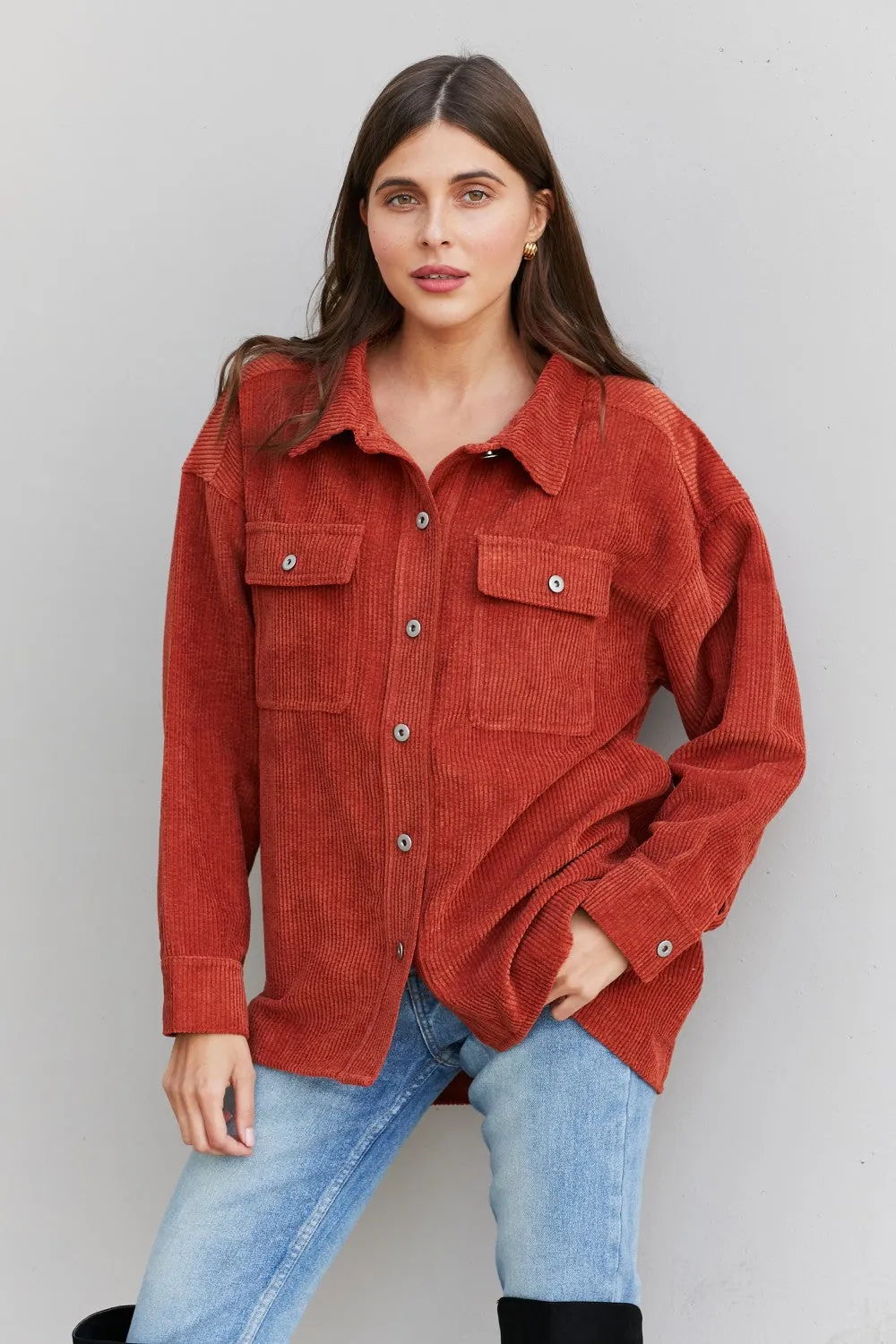 Very J Hem Detail Button-Up Corduroy Shacket