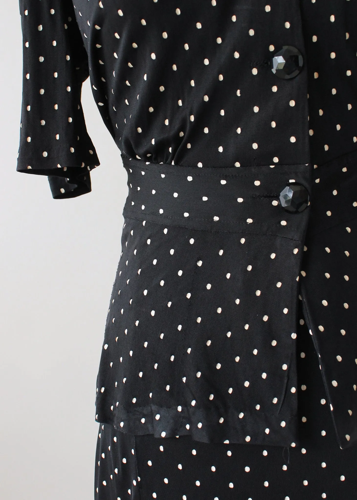 Vintage 1930s Black Polka Dot Rayon Jersey Suit Dress