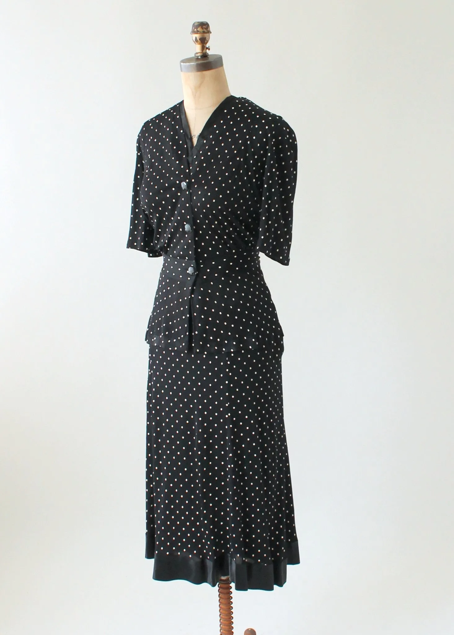 Vintage 1930s Black Polka Dot Rayon Jersey Suit Dress