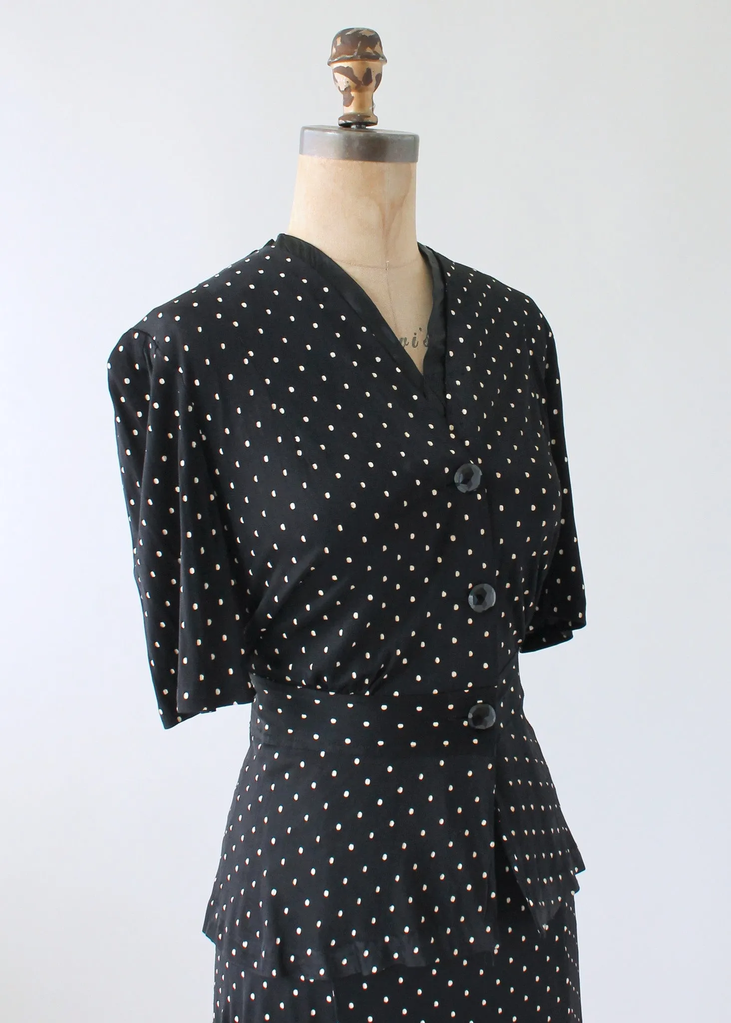 Vintage 1930s Black Polka Dot Rayon Jersey Suit Dress