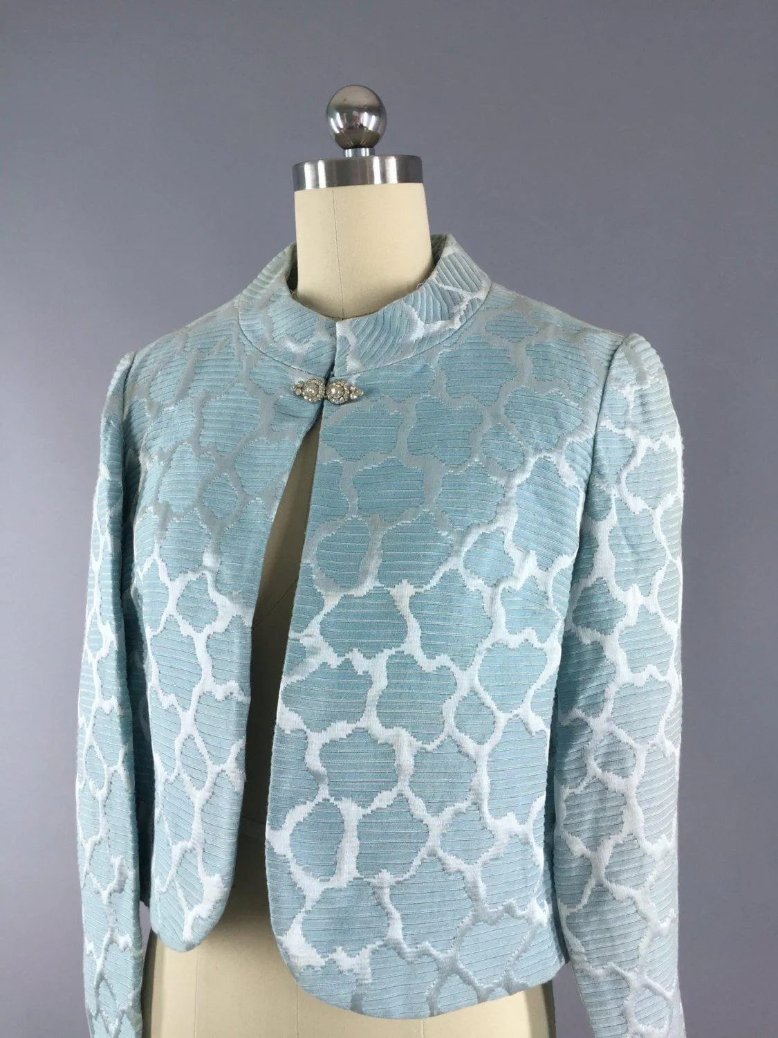 Vintage 1960s Pastel Blue Brocade Cropped Jacket