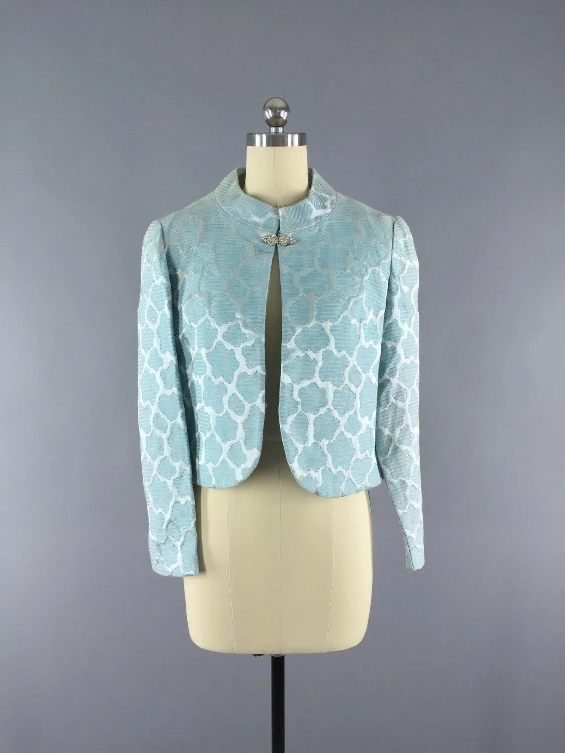 Vintage 1960s Pastel Blue Brocade Cropped Jacket