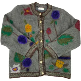 Vintage 80s 90s Grey Embellished Embroidered Floral Graphic Knitted Cardigan M