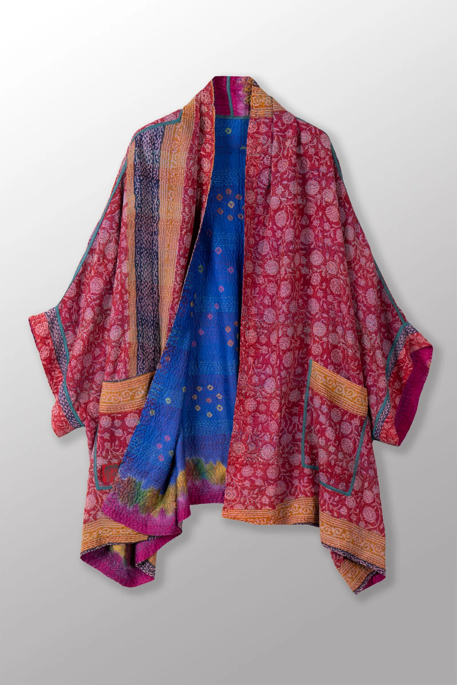 VINTAGE SILK GEORGETTE KANTHA DOUBLE COLLAR PONCHO - sg2323-0022a -