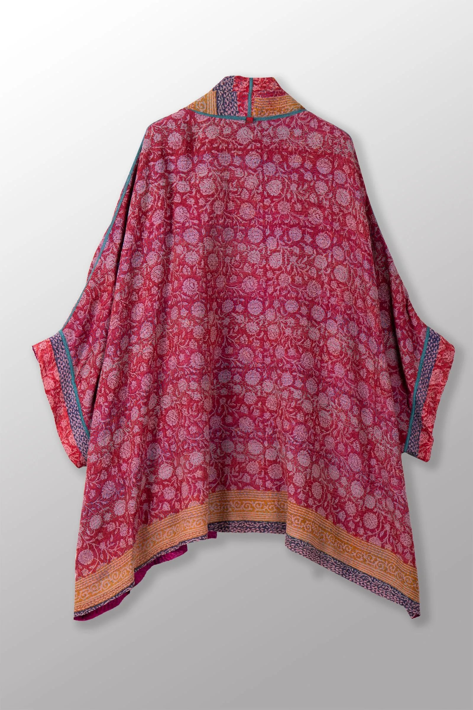 VINTAGE SILK GEORGETTE KANTHA DOUBLE COLLAR PONCHO - sg2323-0022a -