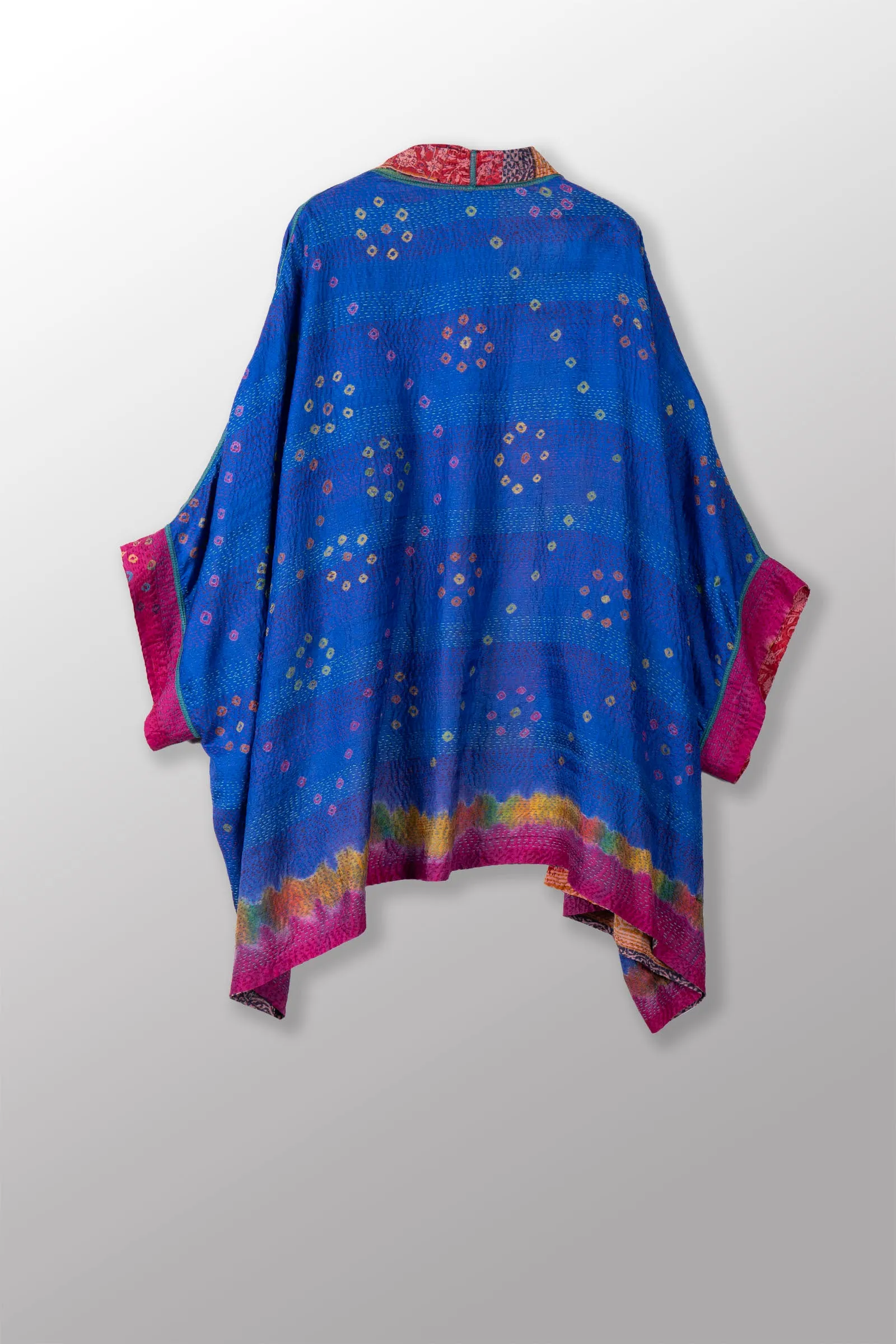 VINTAGE SILK GEORGETTE KANTHA DOUBLE COLLAR PONCHO - sg2323-0022a -