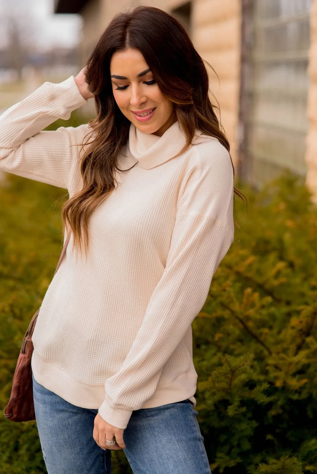 Waffled Solid Accented Cowl Neck Sweatshirt