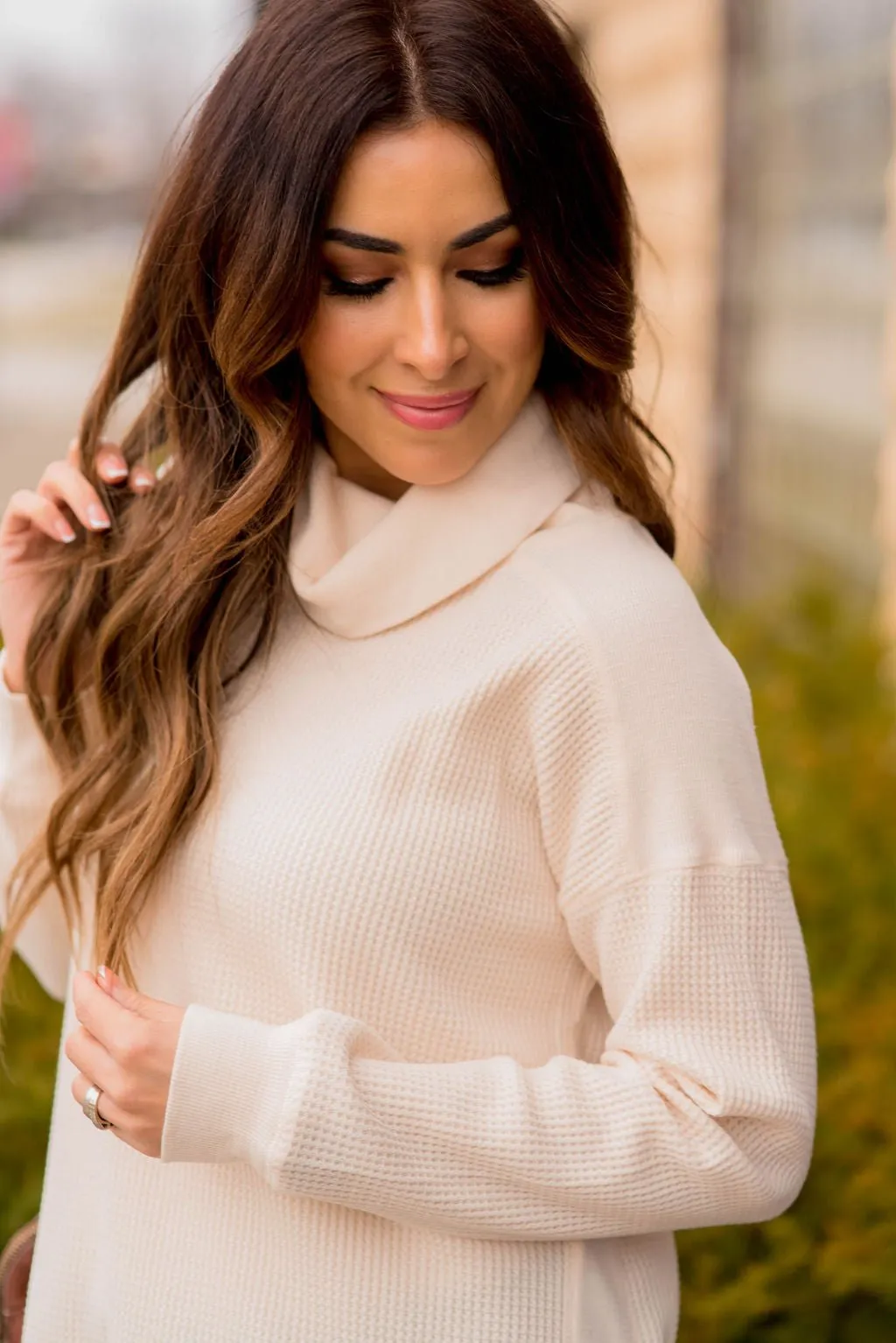 Waffled Solid Accented Cowl Neck Sweatshirt