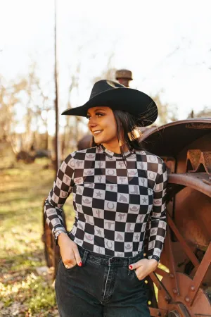 Western Checkers Long Sleeve Mesh Top