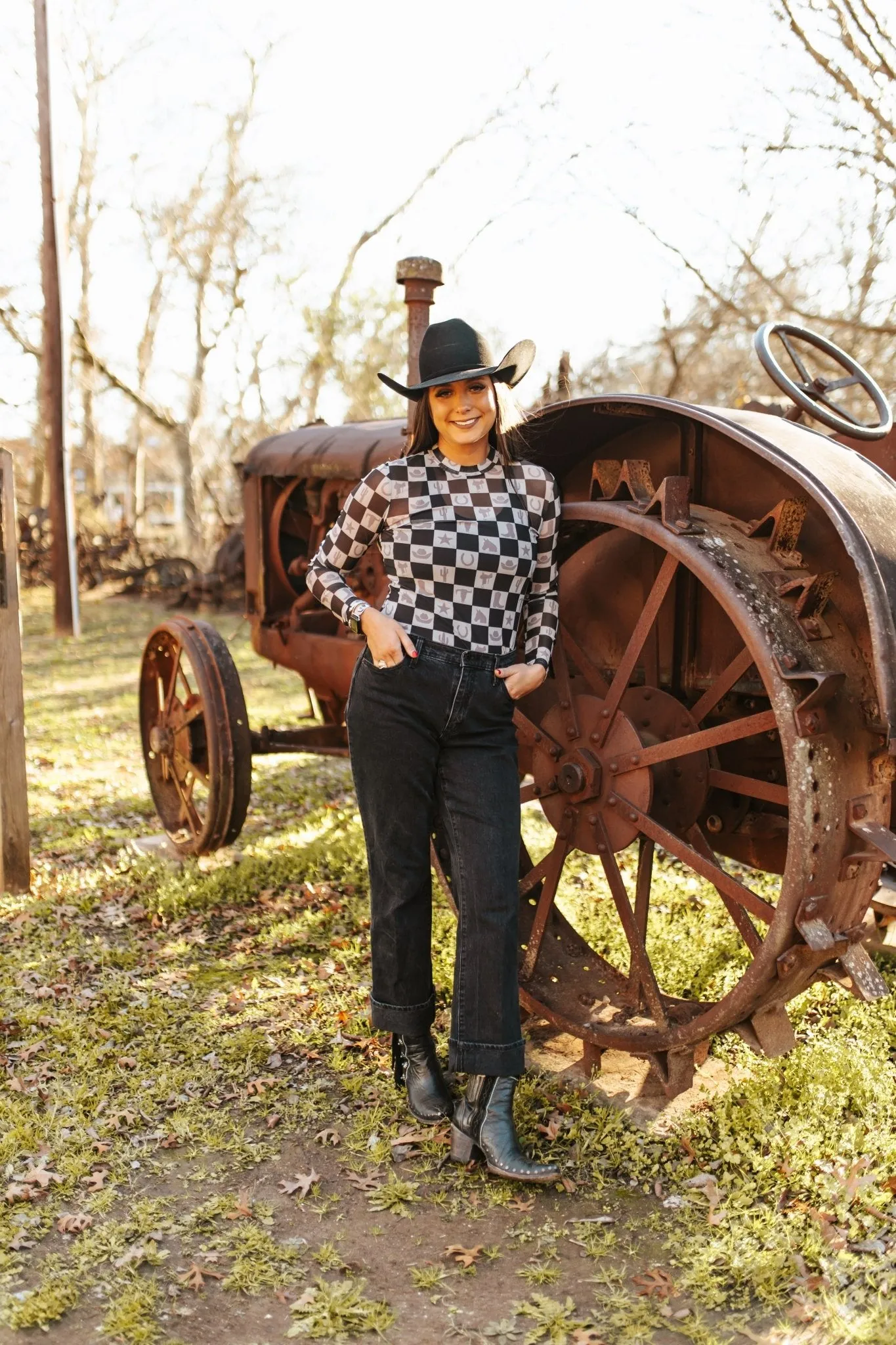 Western Checkers Long Sleeve Mesh Top