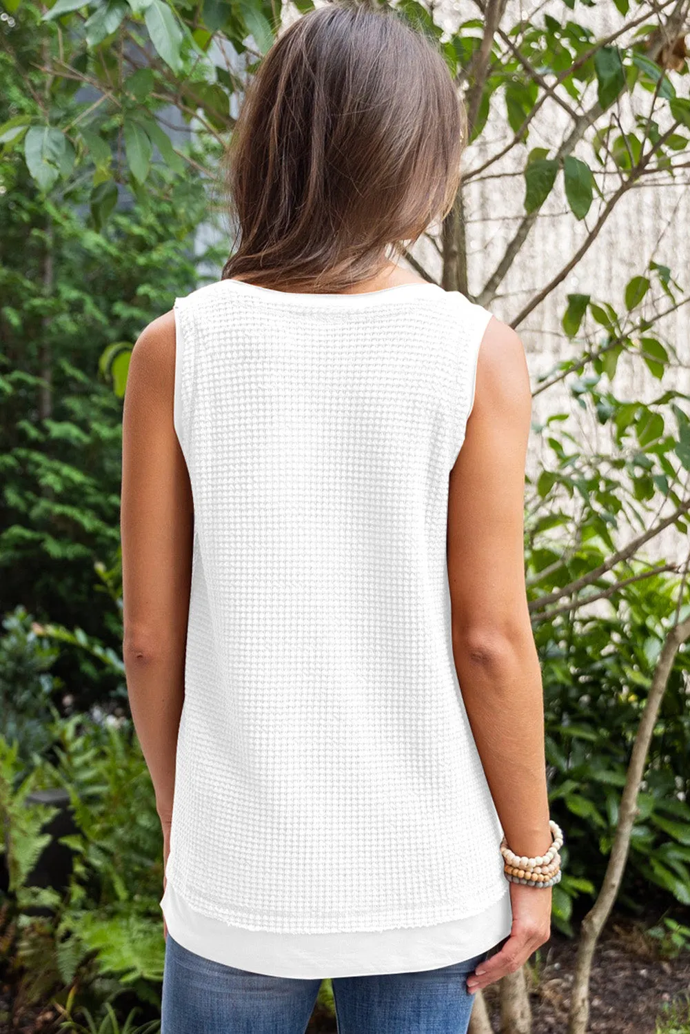 White Waffle Knit Sequin Rugby Graphic Tank Top