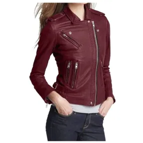 WOMEN MAROON LEATHER SLIM FIT FASHION LEATHER JACKET