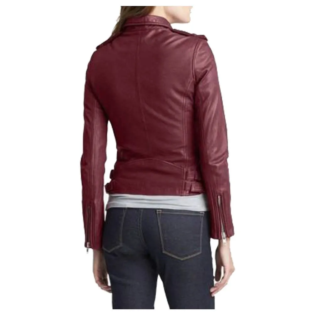 WOMEN MAROON LEATHER SLIM FIT FASHION LEATHER JACKET