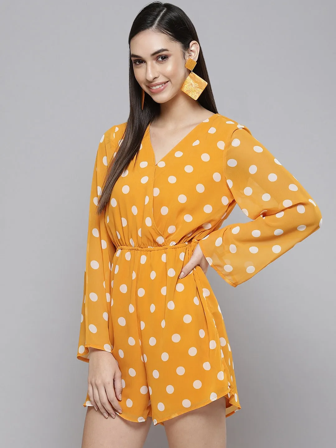 Women Mustard Polka Dot Wrap Romper