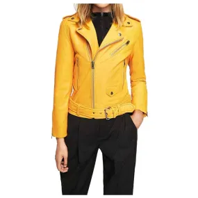 WOMEN YELLOW MANGO SLIM FIT GENUINE MOTORCYCLE LEATHER JACKET