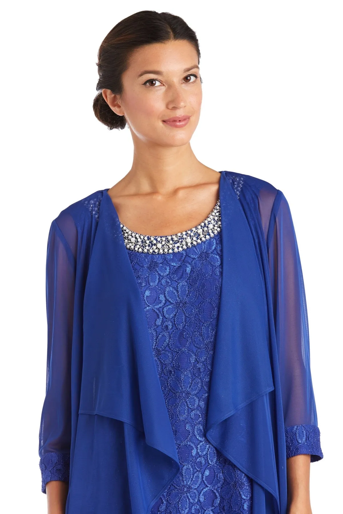 Women's Petite Sheer Draped Jacket and Pearl-Embellished Lace Shift Dress