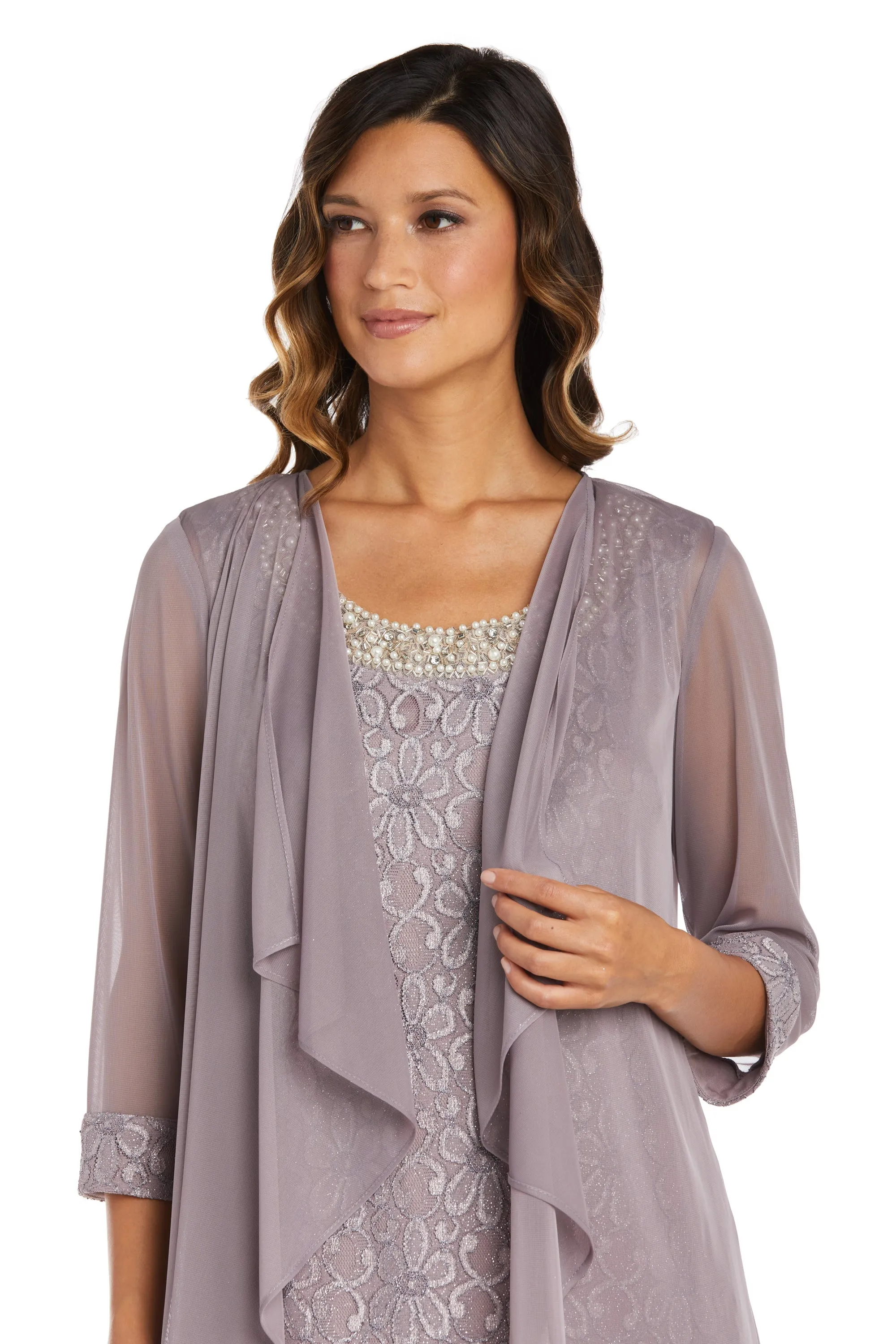 Women's Petite Sheer Draped Jacket and Pearl-Embellished Lace Shift Dress