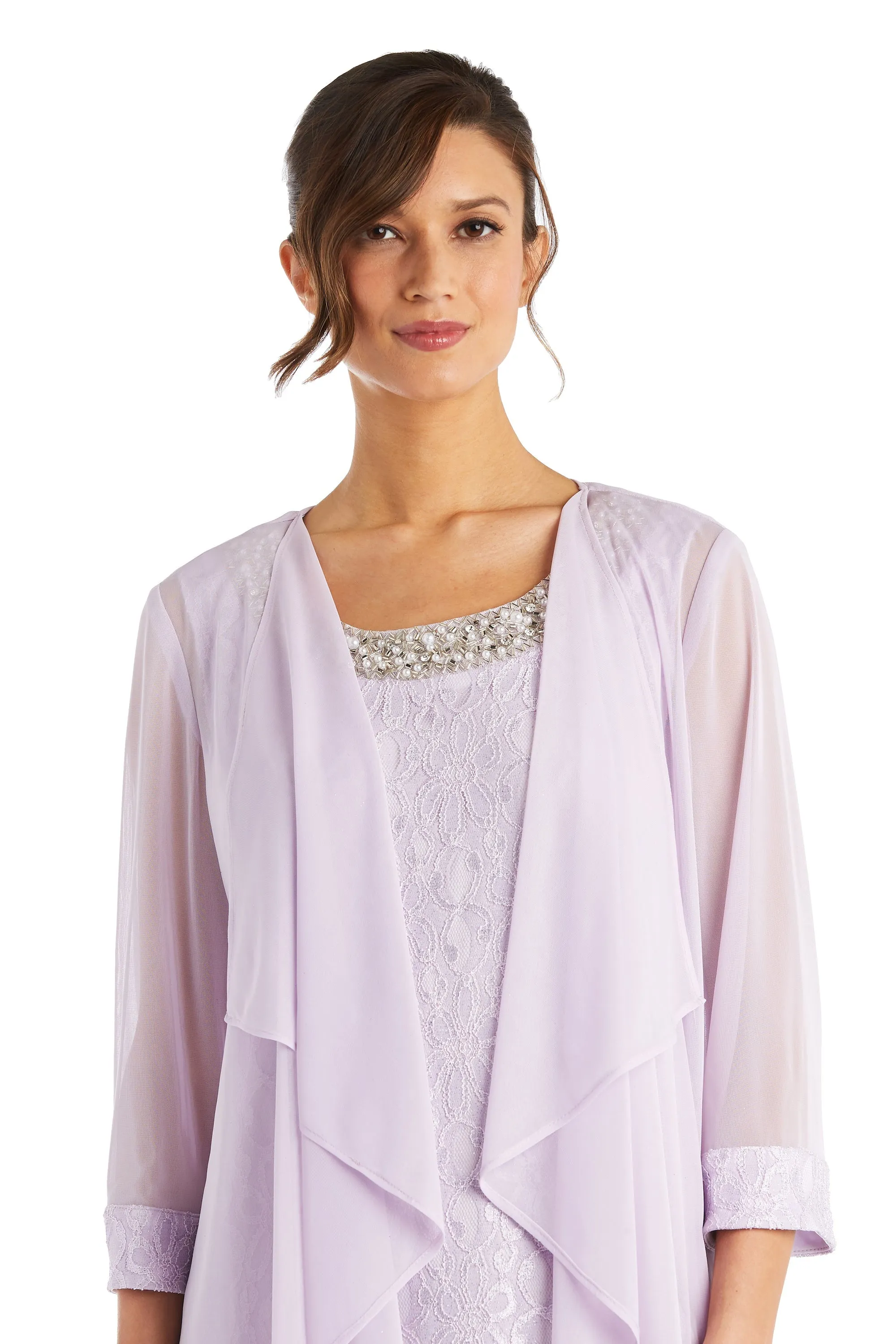 Women's Petite Sheer Draped Jacket and Pearl-Embellished Lace Shift Dress