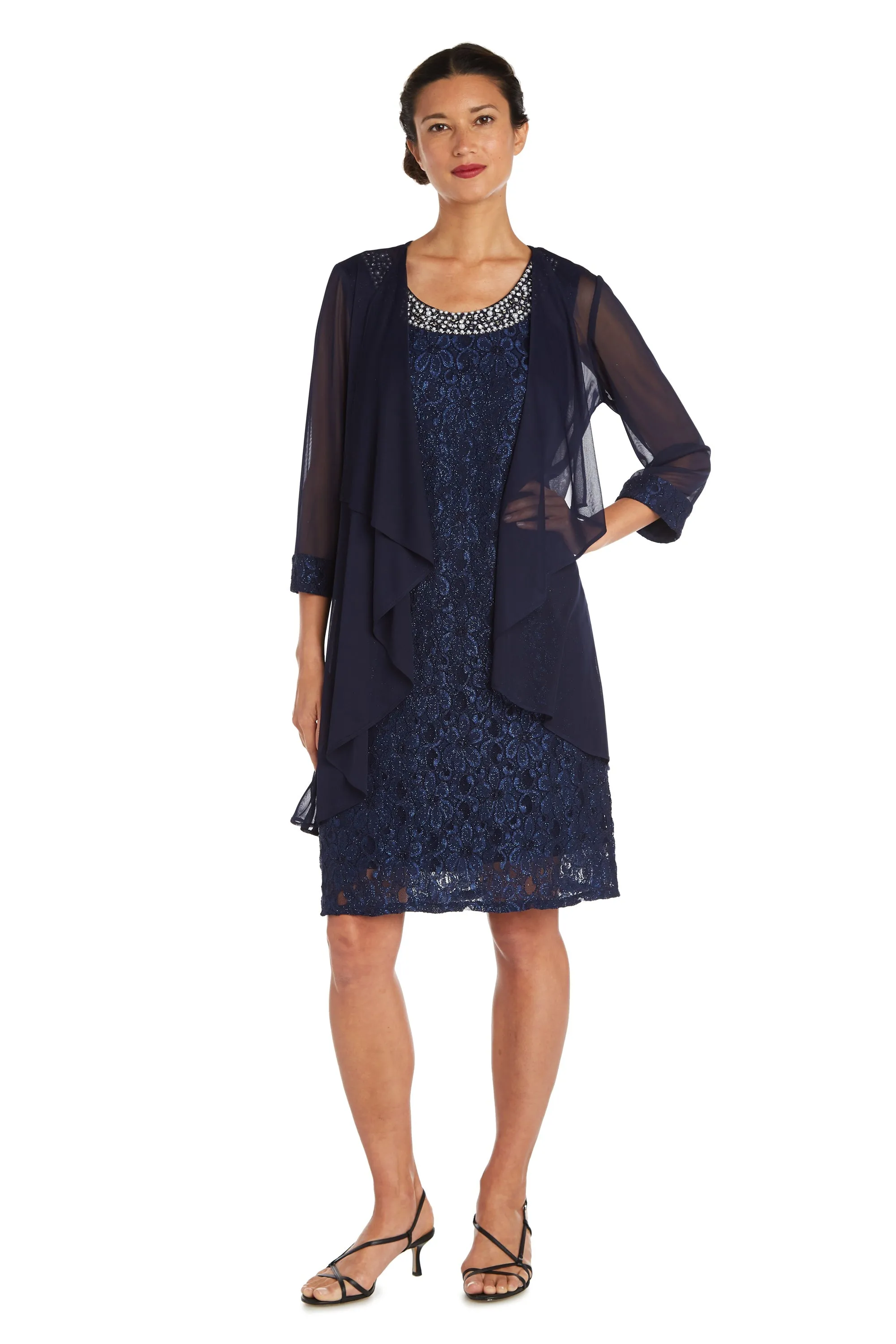 Women's Petite Sheer Draped Jacket and Pearl-Embellished Lace Shift Dress