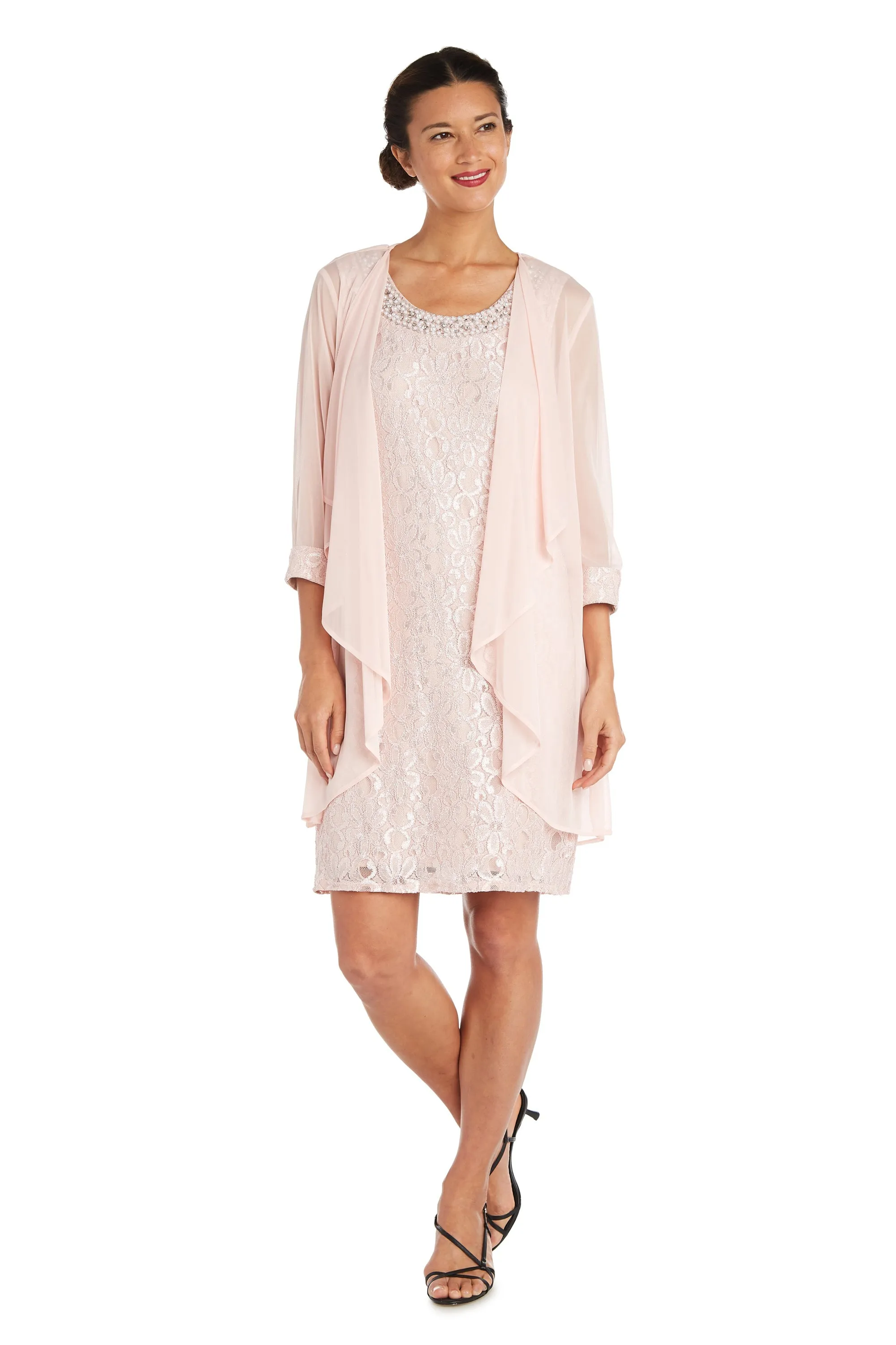 Women's Petite Sheer Draped Jacket and Pearl-Embellished Lace Shift Dress