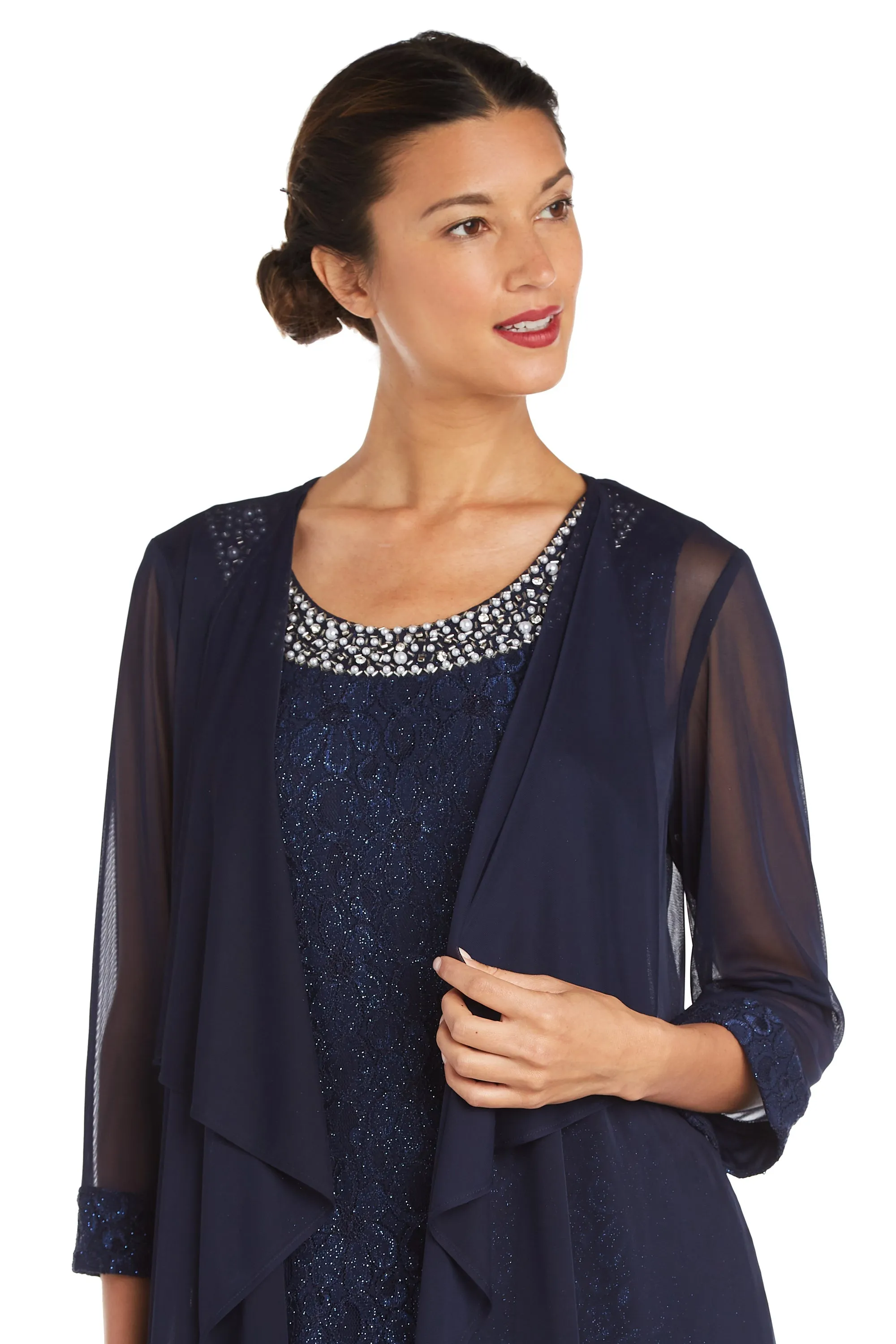 Women's Petite Sheer Draped Jacket and Pearl-Embellished Lace Shift Dress