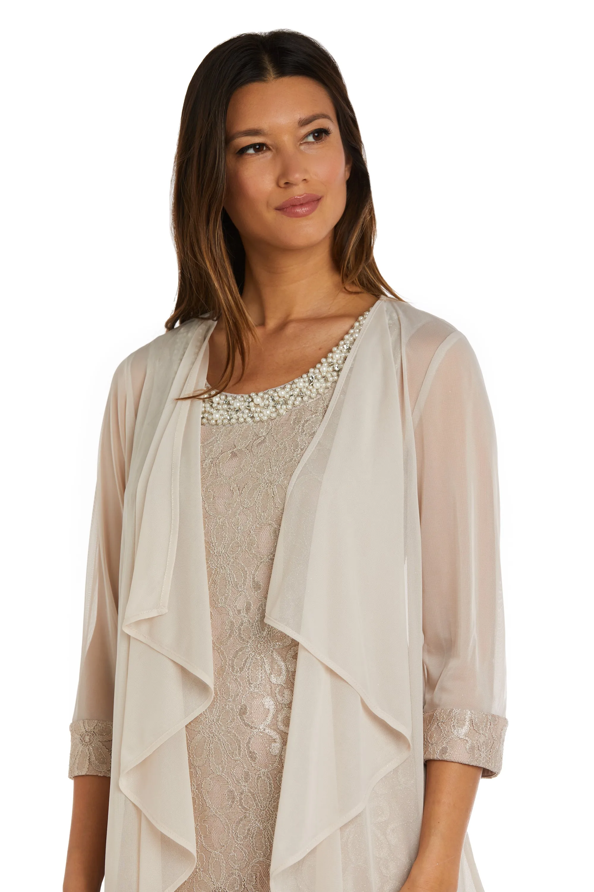 Women's Petite Sheer Draped Jacket and Pearl-Embellished Lace Shift Dress