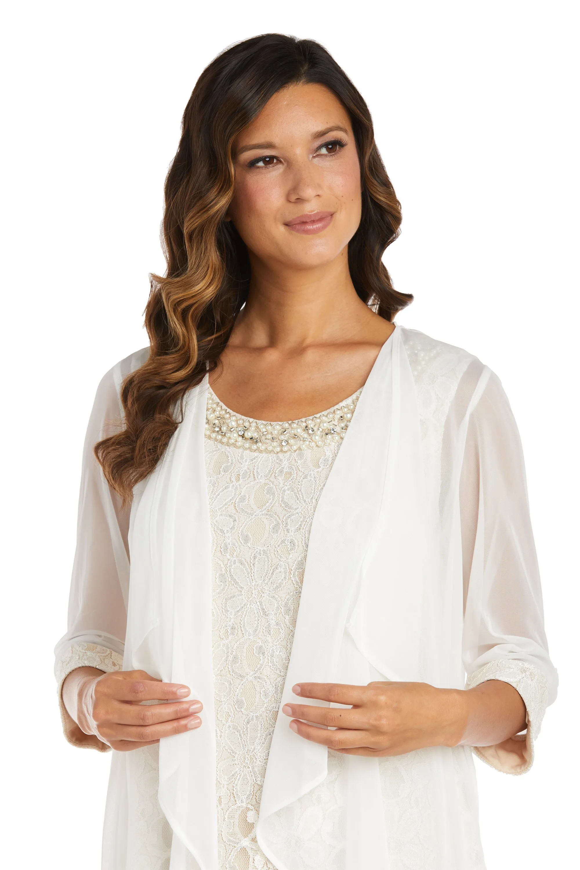 Women's Petite Sheer Draped Jacket and Pearl-Embellished Lace Shift Dress