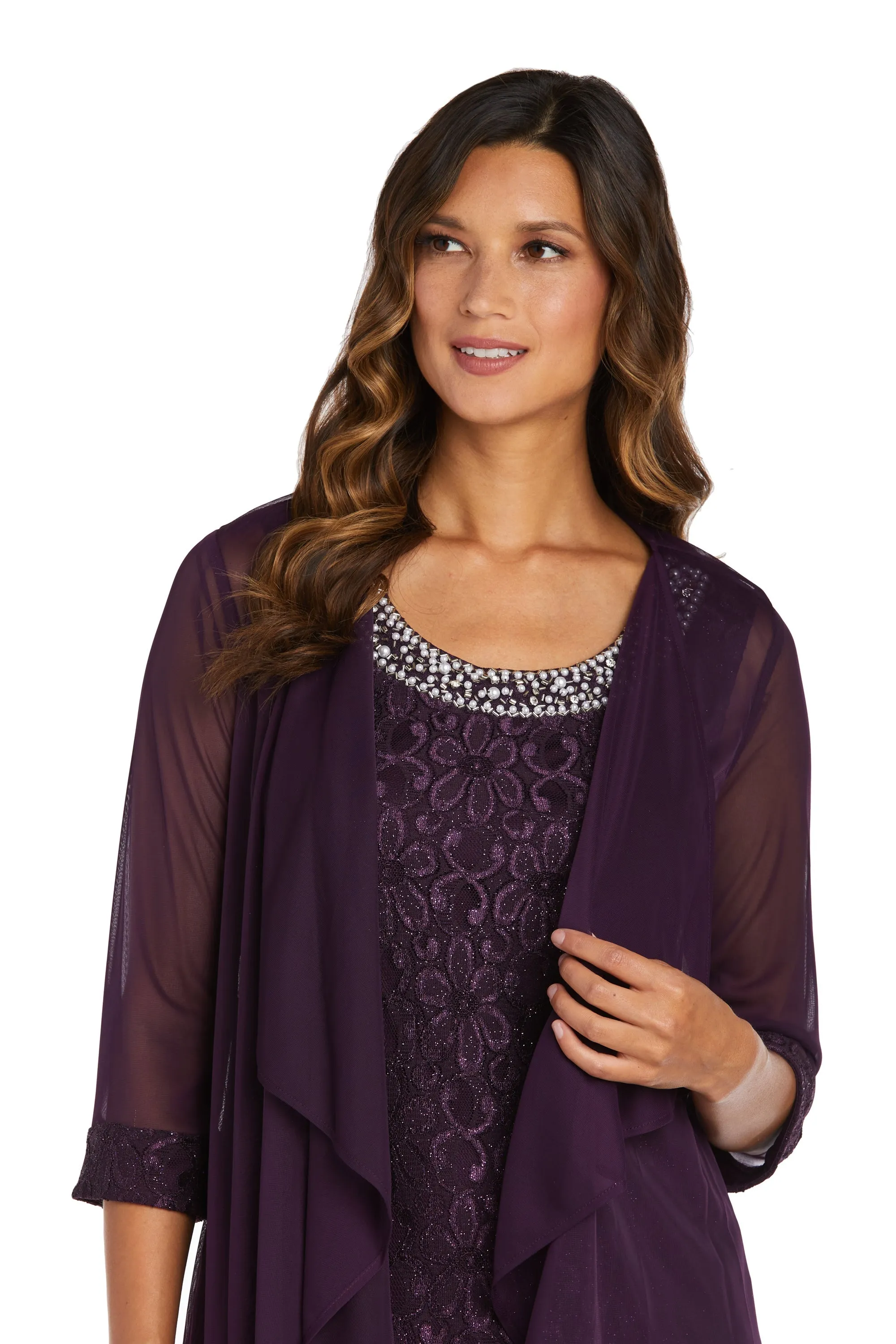 Women's Petite Sheer Draped Jacket and Pearl-Embellished Lace Shift Dress