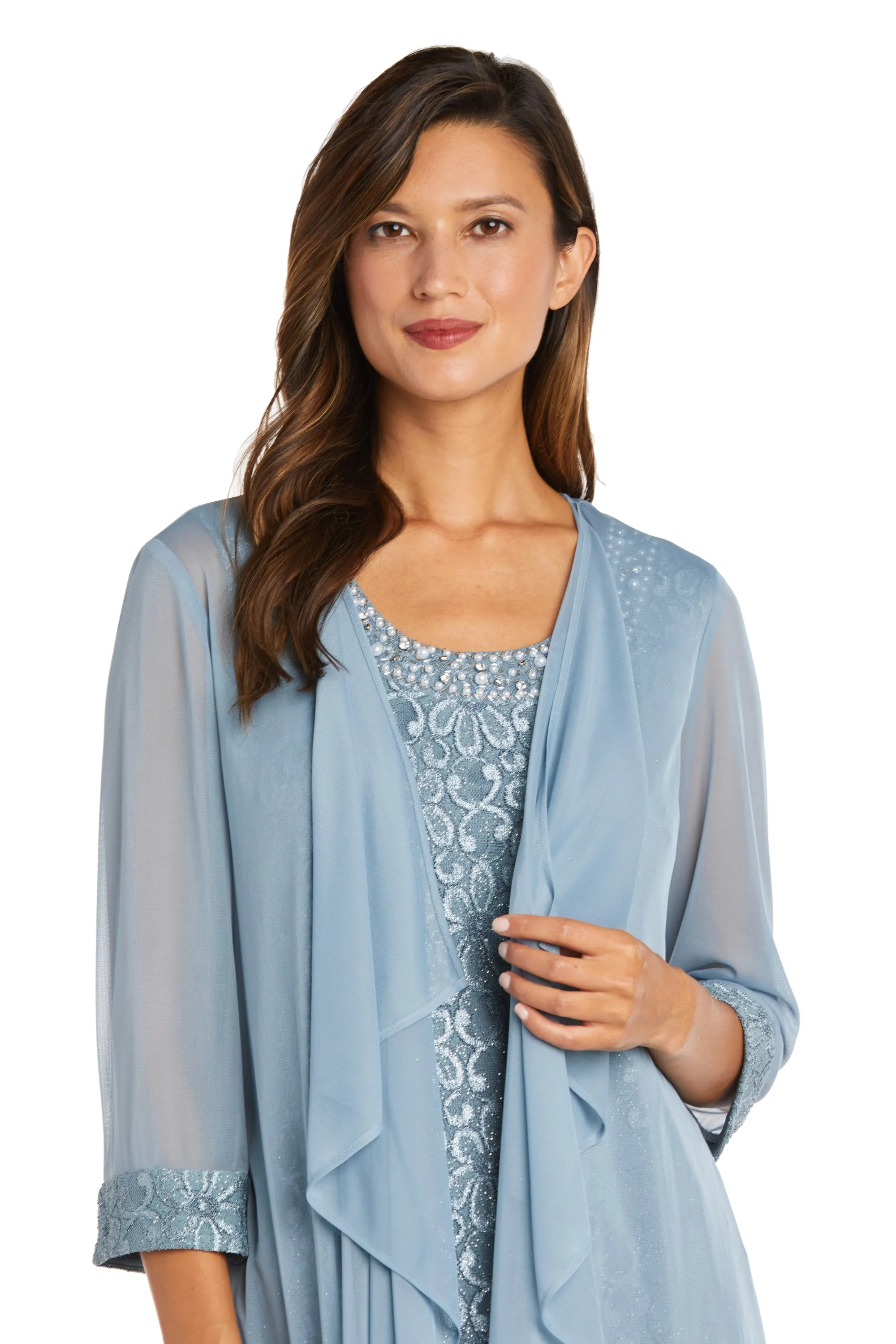 Women's Petite Sheer Draped Jacket and Pearl-Embellished Lace Shift Dress