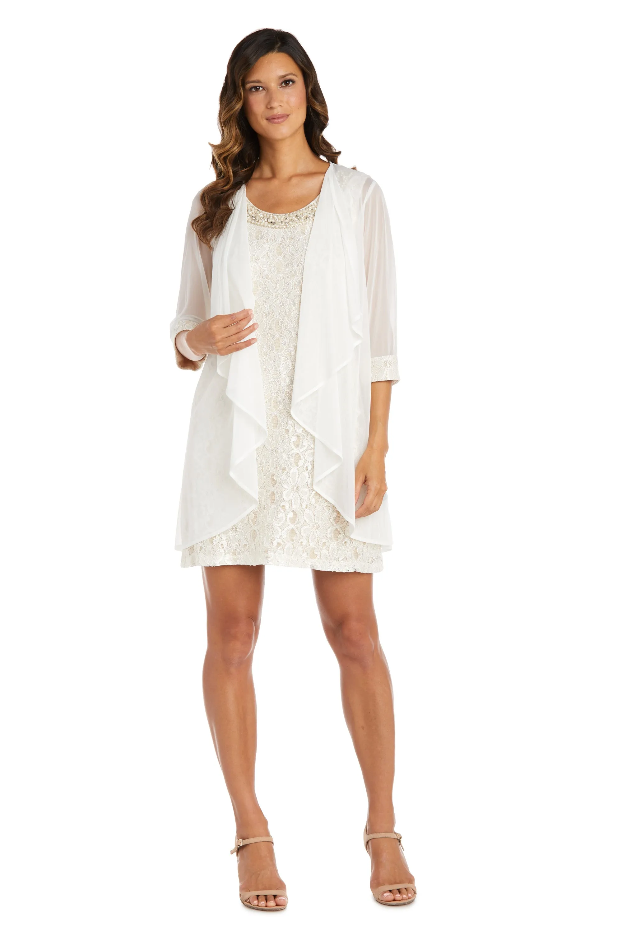 Women's Petite Sheer Draped Jacket and Pearl-Embellished Lace Shift Dress