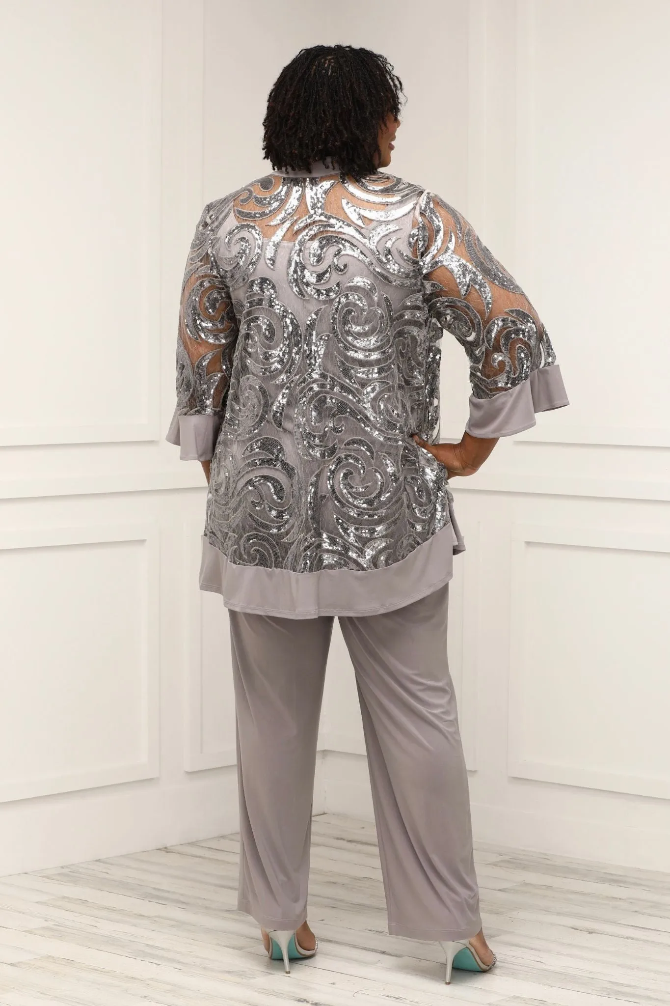 Women's Plus size 2 Piece Sequin Net lace Pantsuit  with Necklace