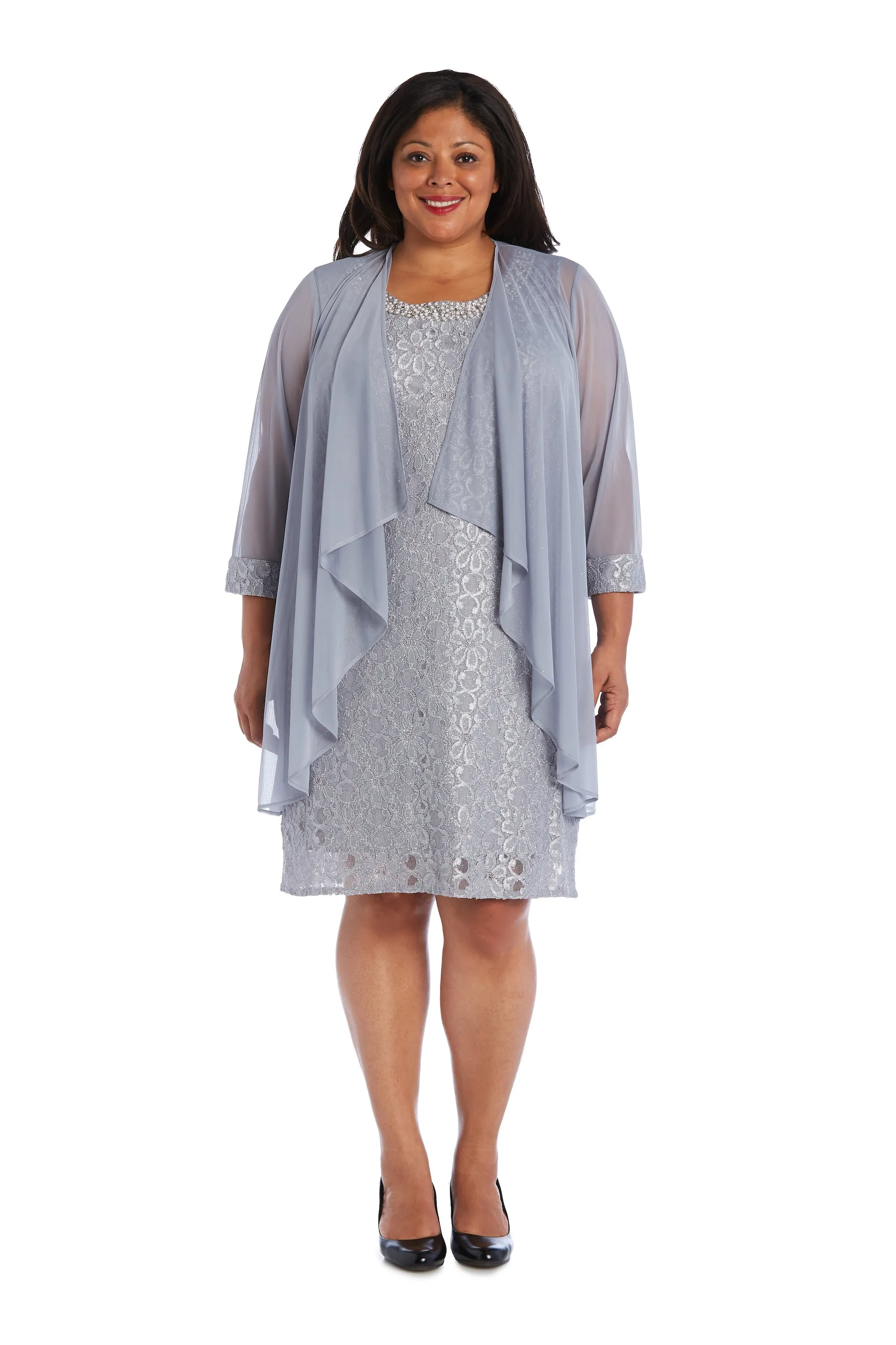 Women's Plus Size Sheer Draped Jacket and Pearl-Embellished Lace Shift Dress