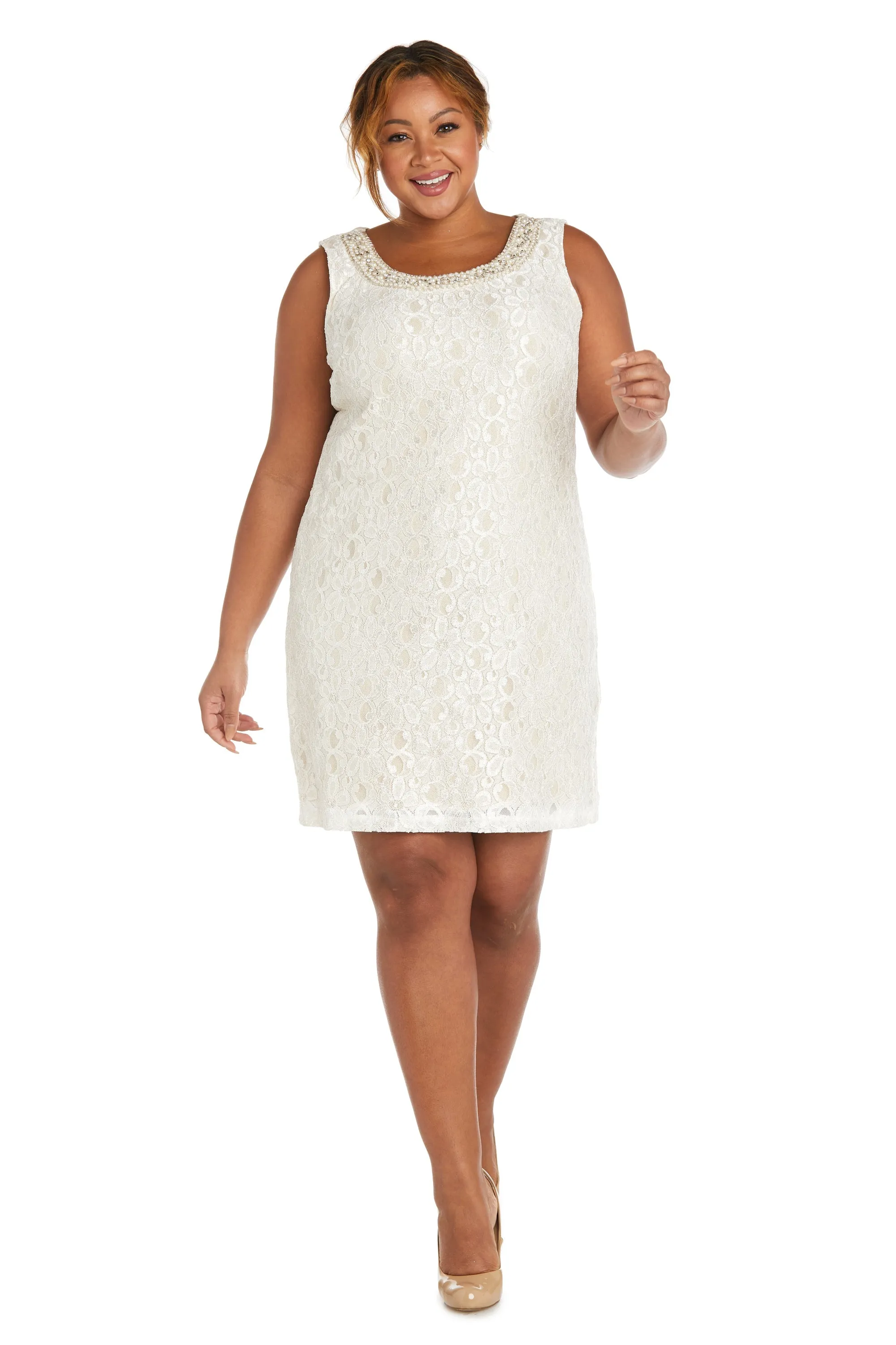 Women's Plus Size Sheer Draped Jacket and Pearl-Embellished Lace Shift Dress