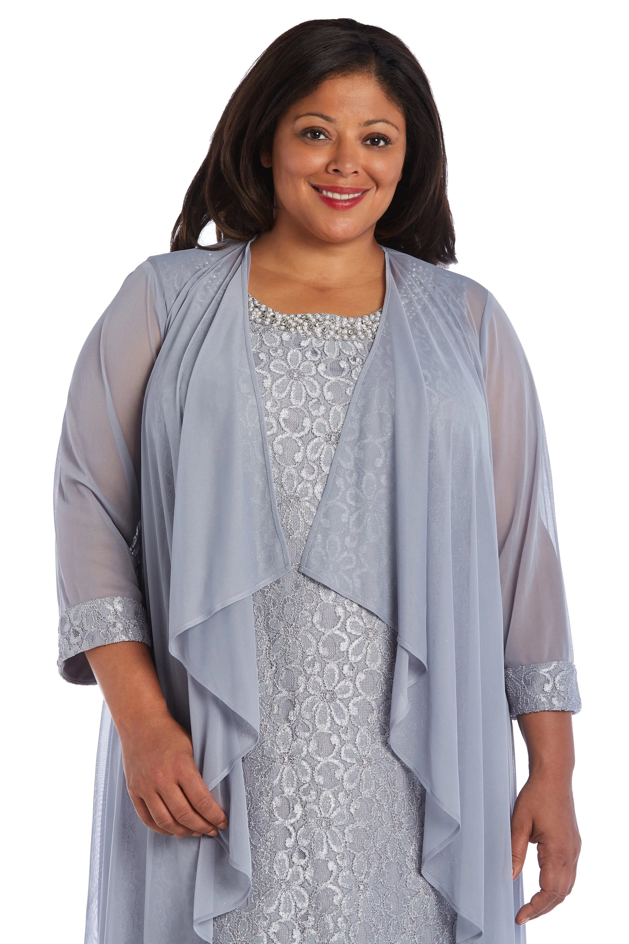 Women's Plus Size Sheer Draped Jacket and Pearl-Embellished Lace Shift Dress