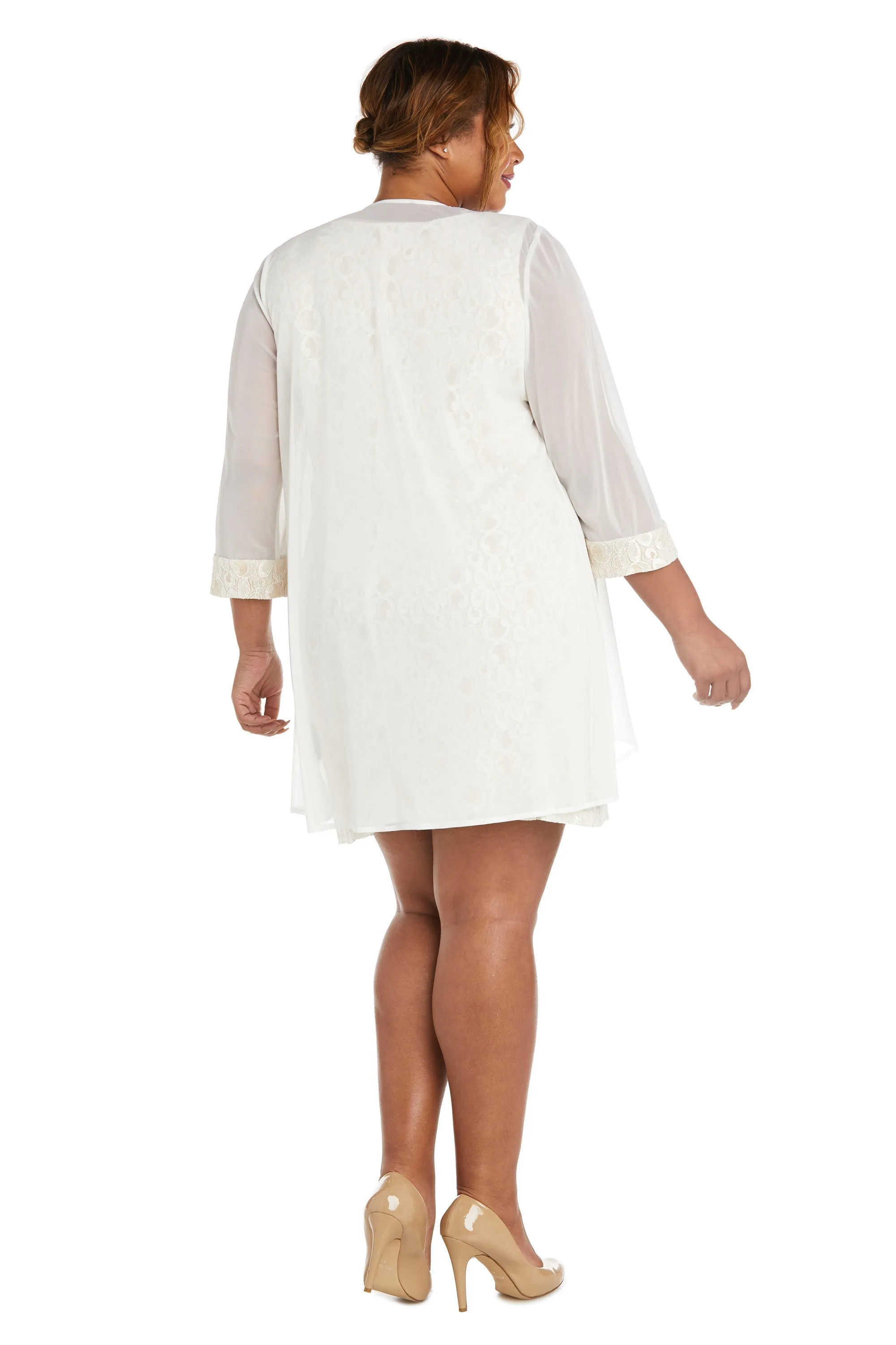 Women's Plus Size Sheer Draped Jacket and Pearl-Embellished Lace Shift Dress