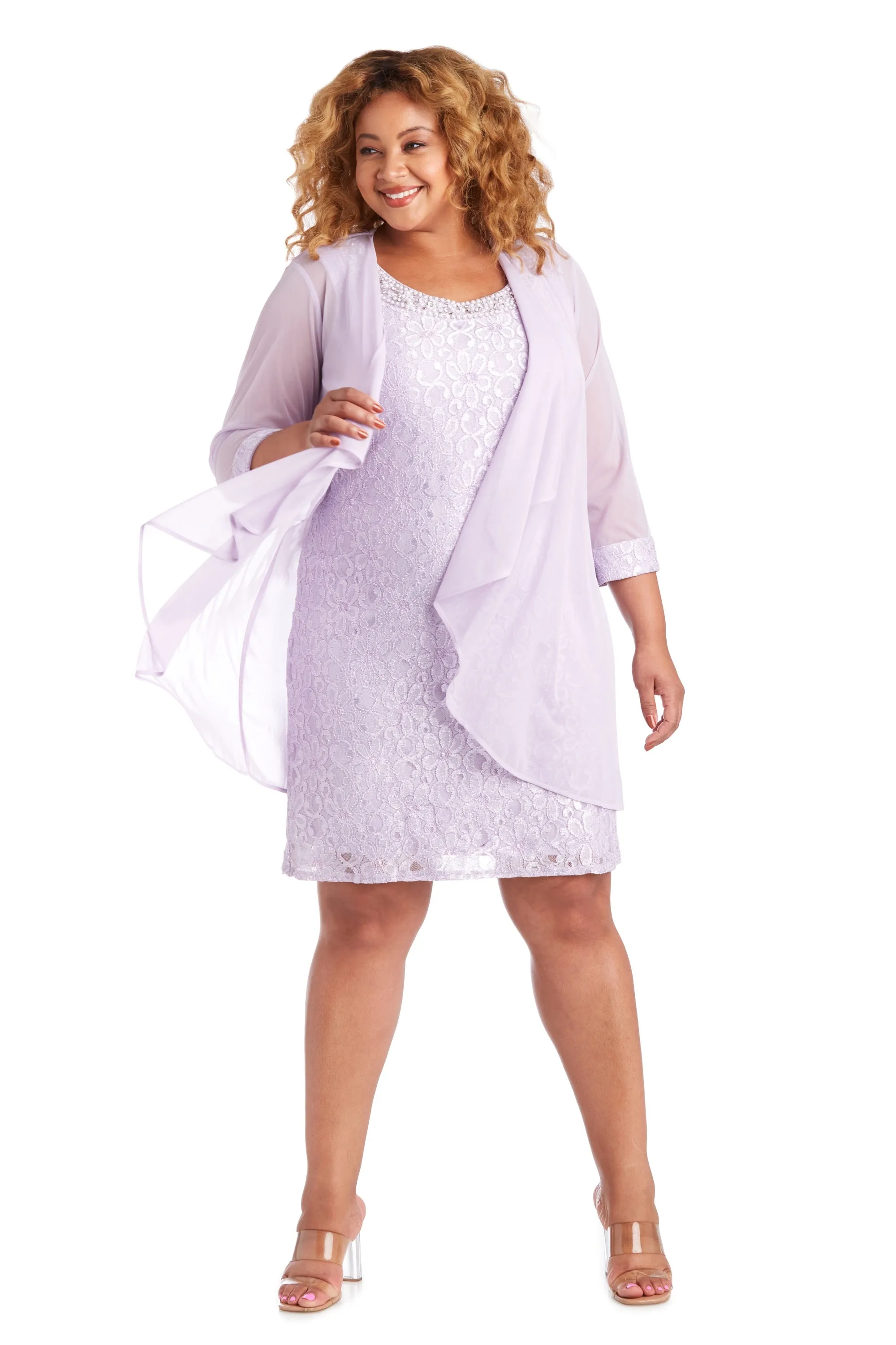 Women's Plus Size Sheer Draped Jacket and Pearl-Embellished Lace Shift Dress