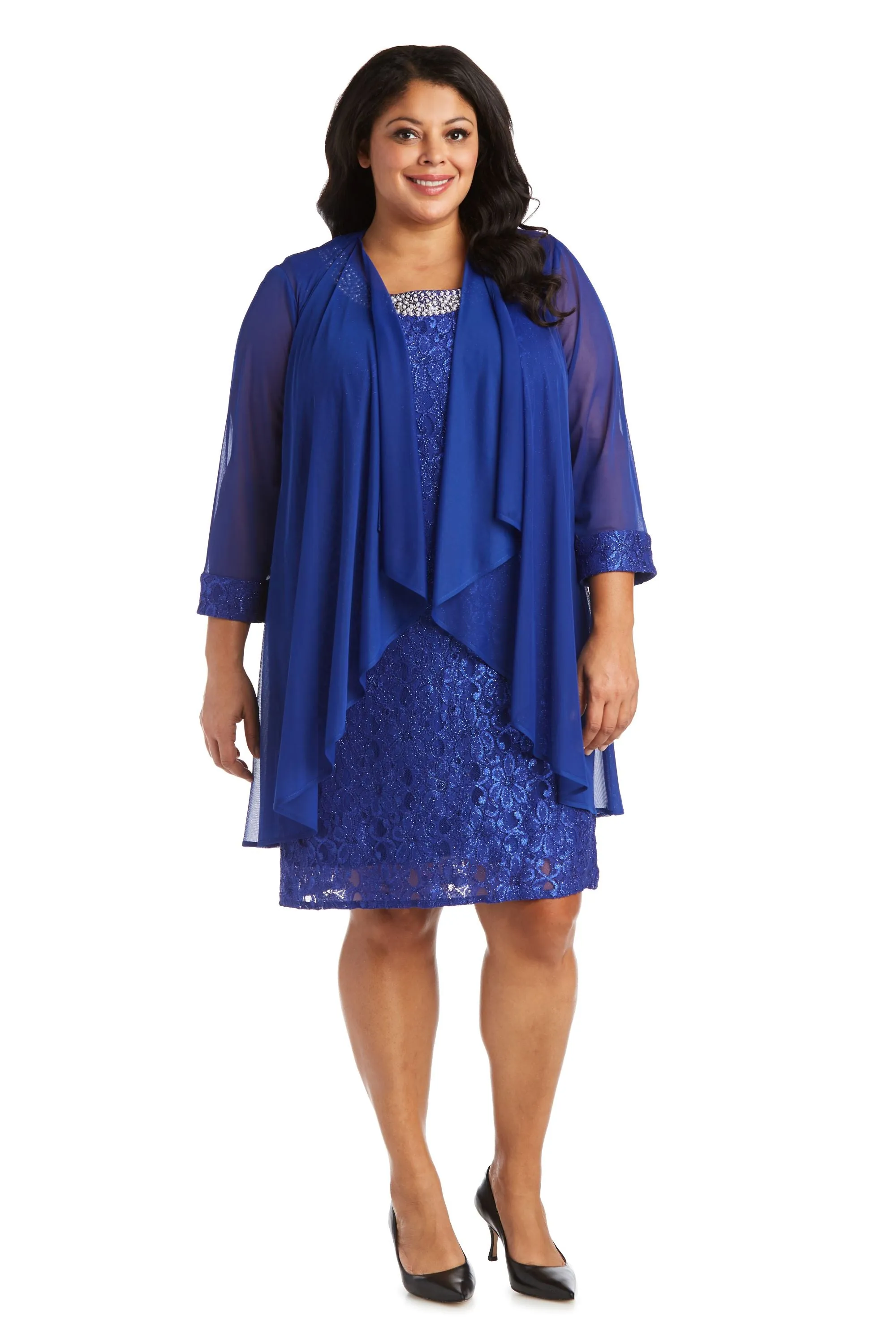 Women's Plus Size Sheer Draped Jacket and Pearl-Embellished Lace Shift Dress