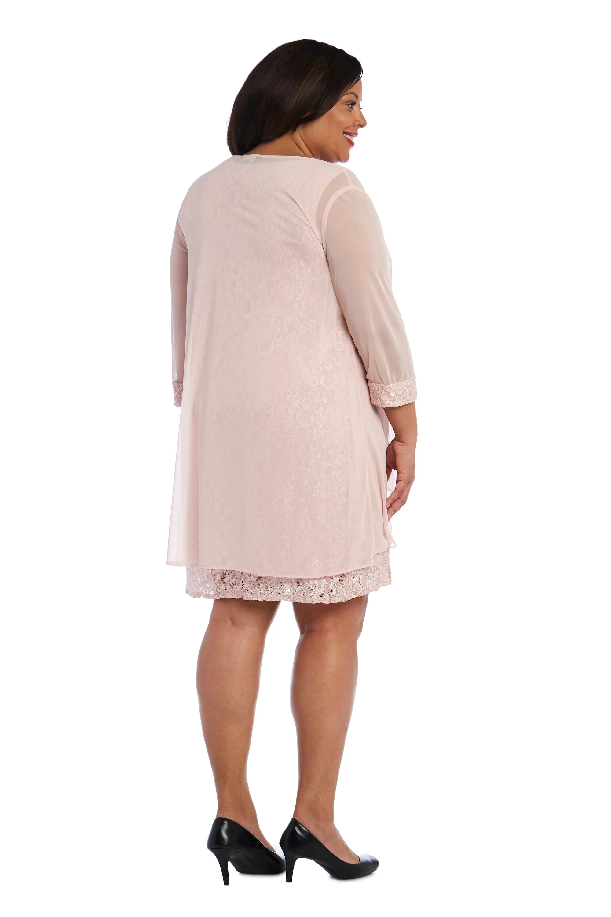 Women's Plus Size Sheer Draped Jacket and Pearl-Embellished Lace Shift Dress