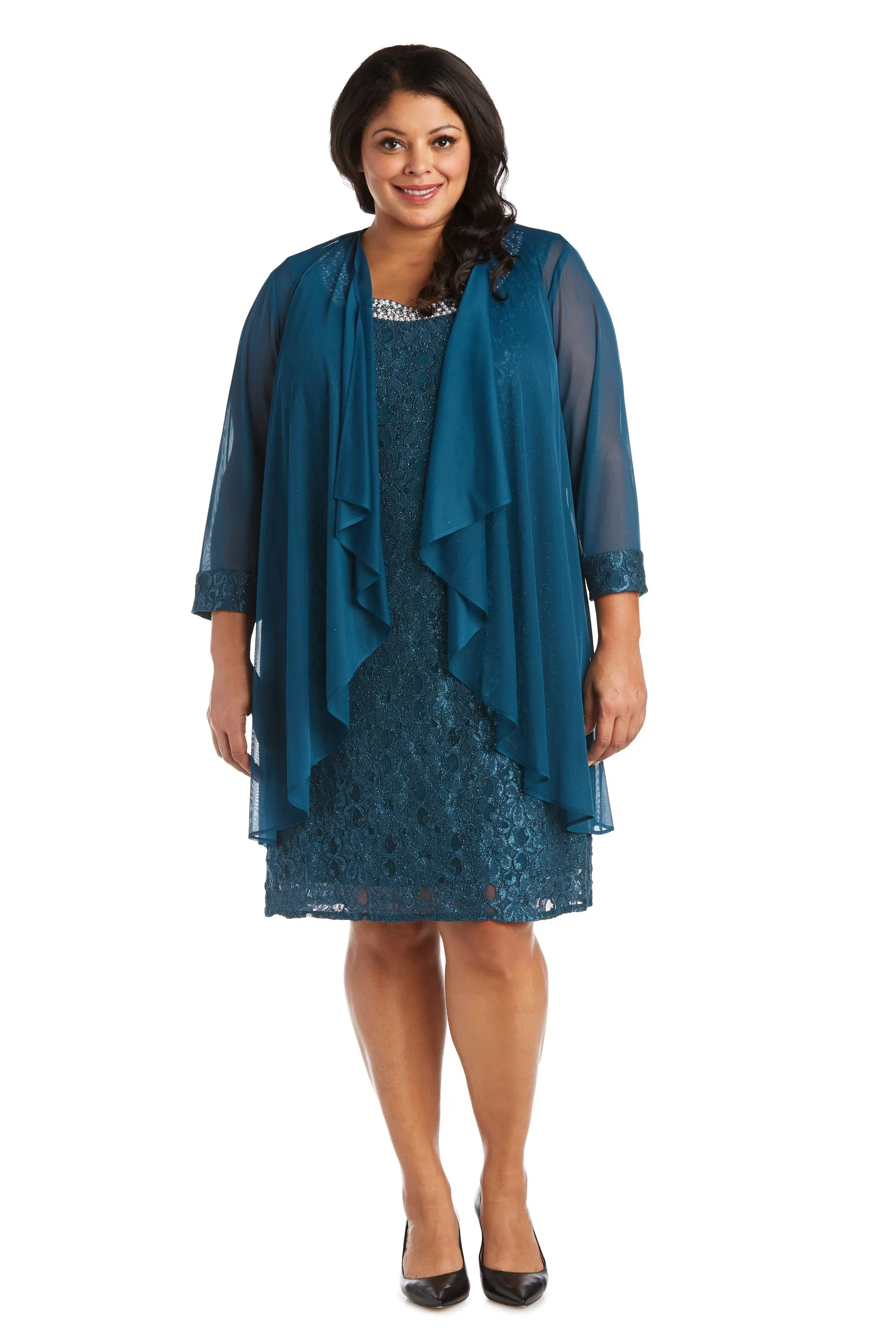 Women's Plus Size Sheer Draped Jacket and Pearl-Embellished Lace Shift Dress