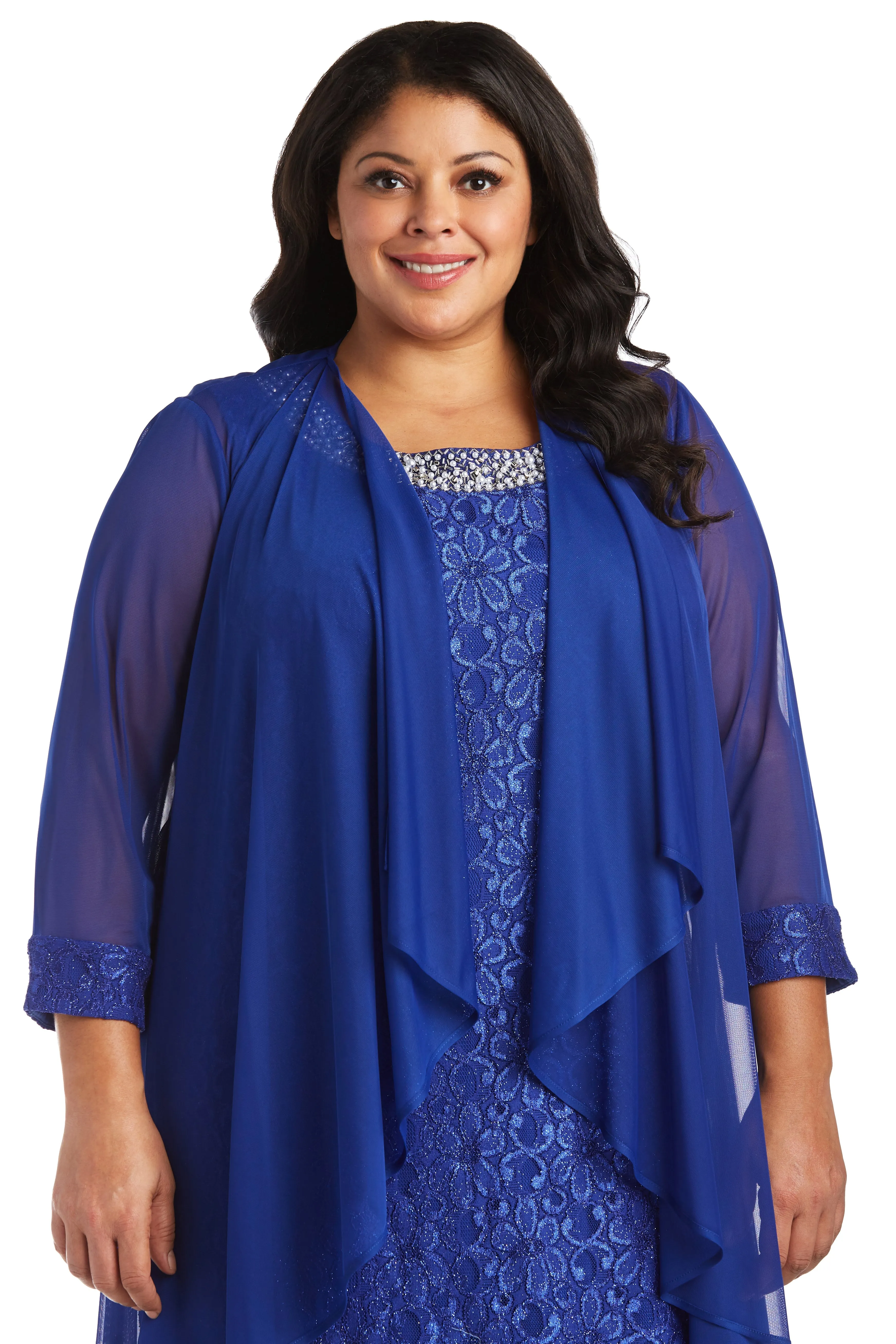 Women's Plus Size Sheer Draped Jacket and Pearl-Embellished Lace Shift Dress