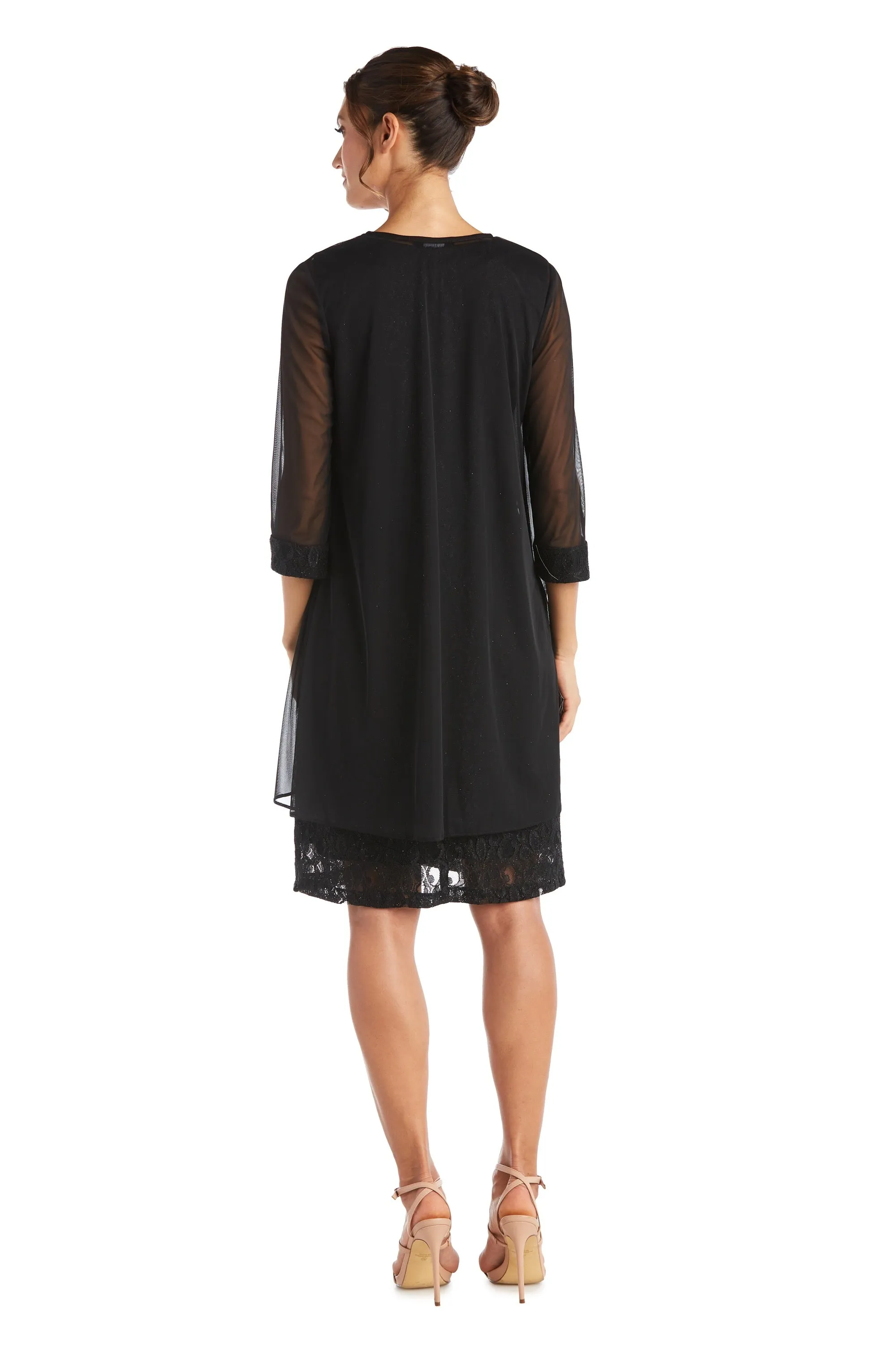 Women's Sheer Draped Jacket and Pearl-Embellished Lace Shift Dress