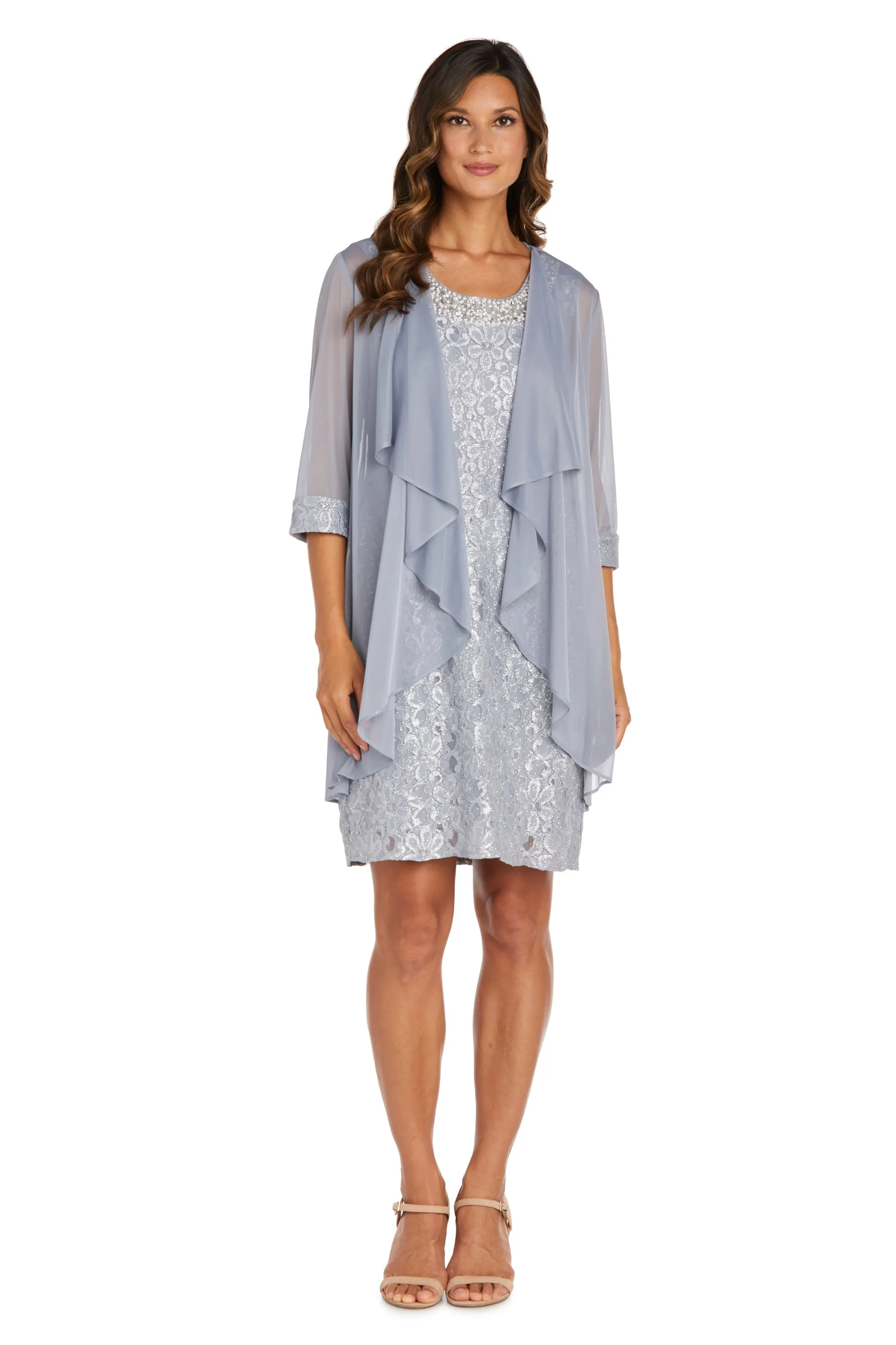 Women's Sheer Draped Jacket and Pearl-Embellished Lace Shift Dress