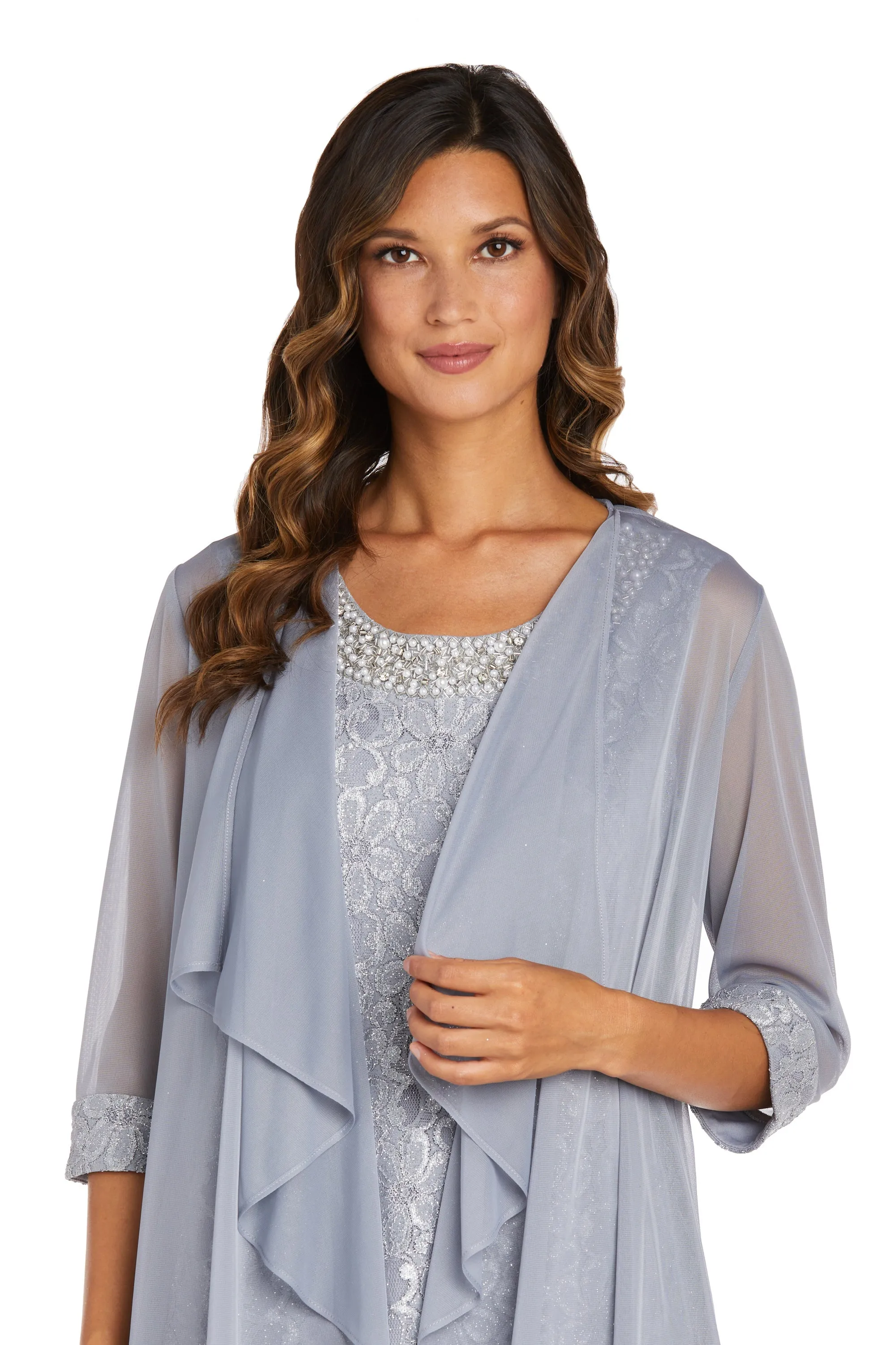 Women's Sheer Draped Jacket and Pearl-Embellished Lace Shift Dress