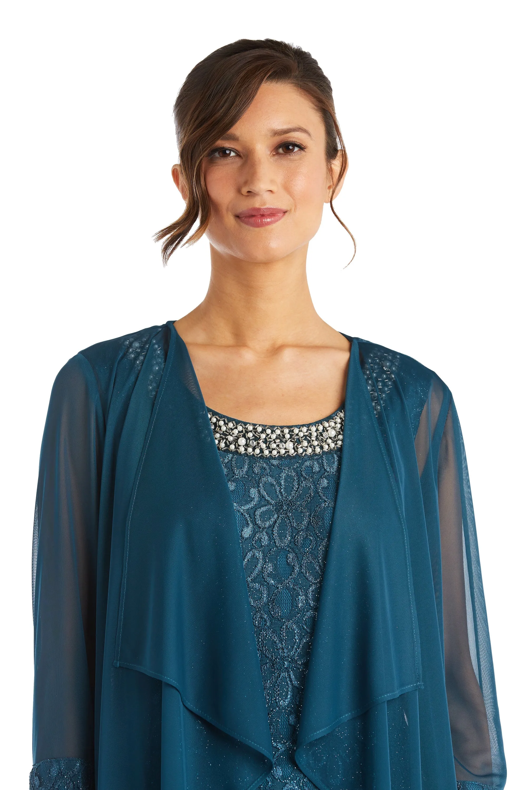 Women's Sheer Draped Jacket and Pearl-Embellished Lace Shift Dress