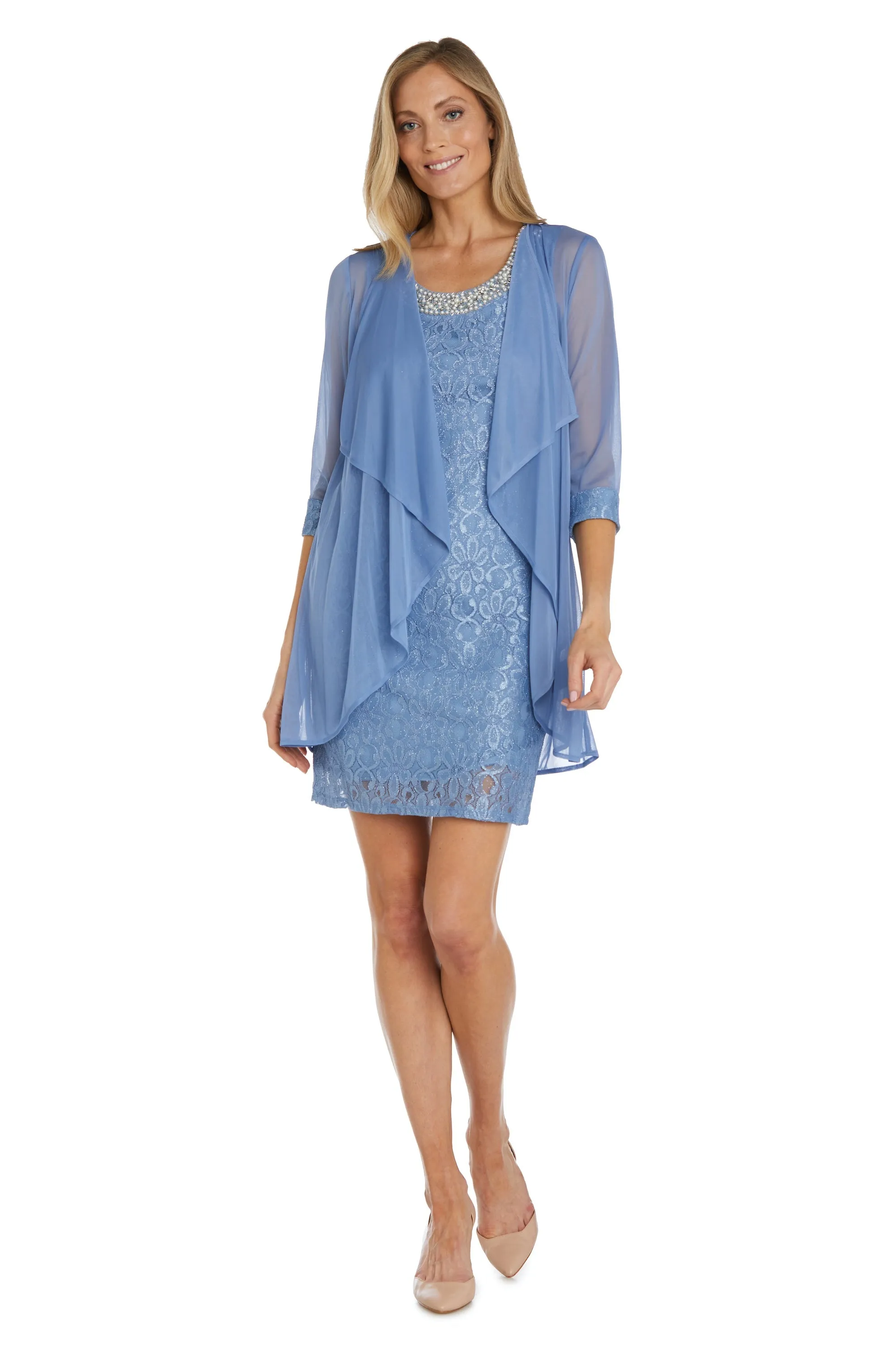 Women's Sheer Draped Jacket and Pearl-Embellished Lace Shift Dress