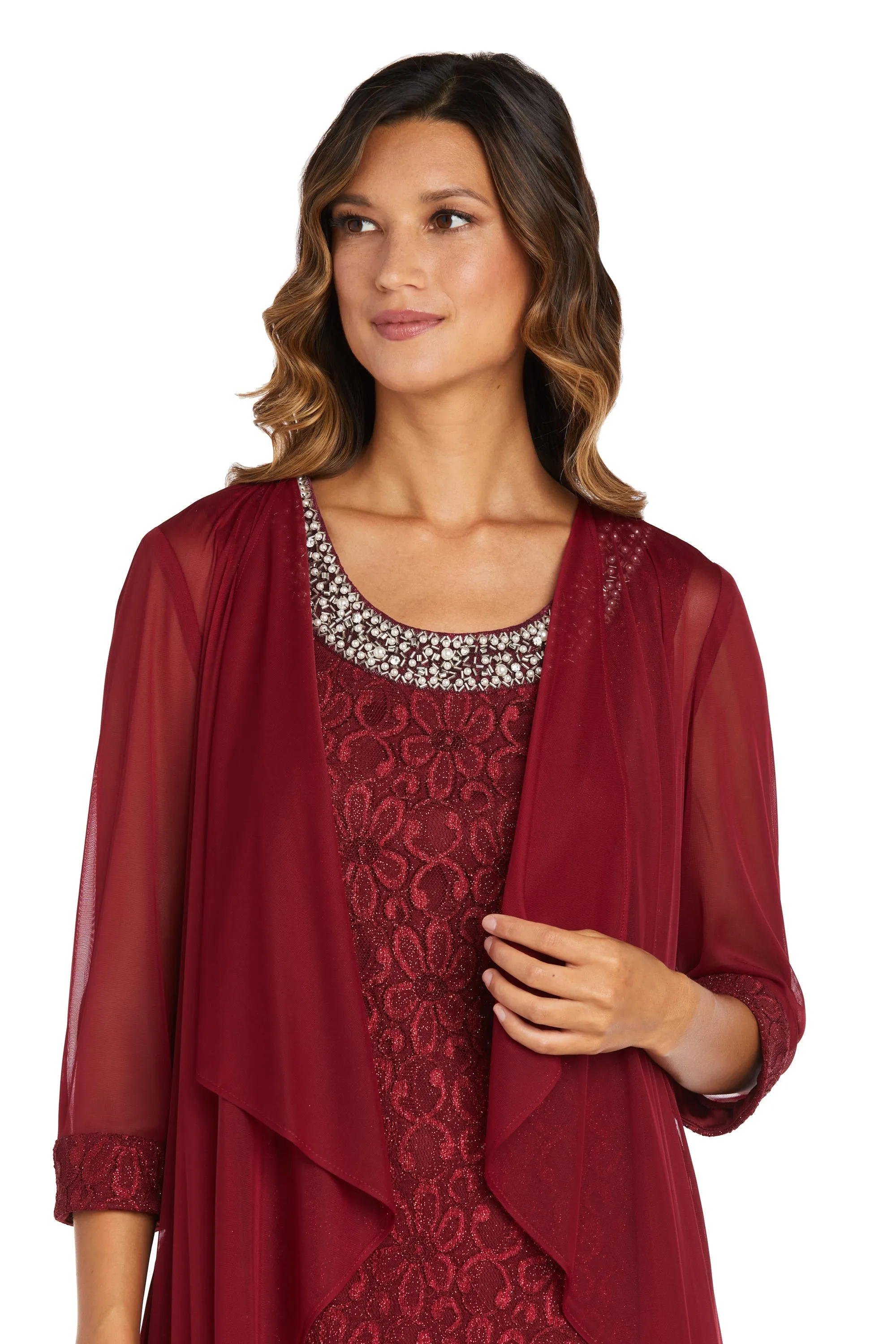 Women's Sheer Draped Jacket and Pearl-Embellished Lace Shift Dress