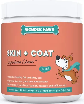 Wonder Paws Skin & Coat Supplement for Dogs with Salmon Oil, Omega 3 & 6, EPA & DHA, Promotes Healthy Skin and Coat, Itchy Relief, Joint and Overall Health, Delicious Flavor, 70 skin & coat Soft Chews