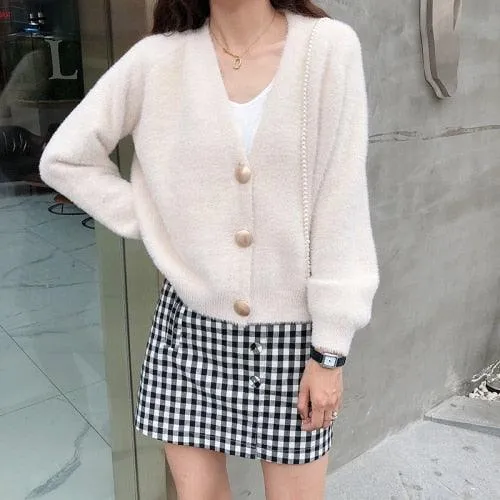 Wonderful Gold Button Women's Sweater Cardigan - Autumn Winter Short Knitted Loose Cardigan (D20)(TP4)(TB8C)