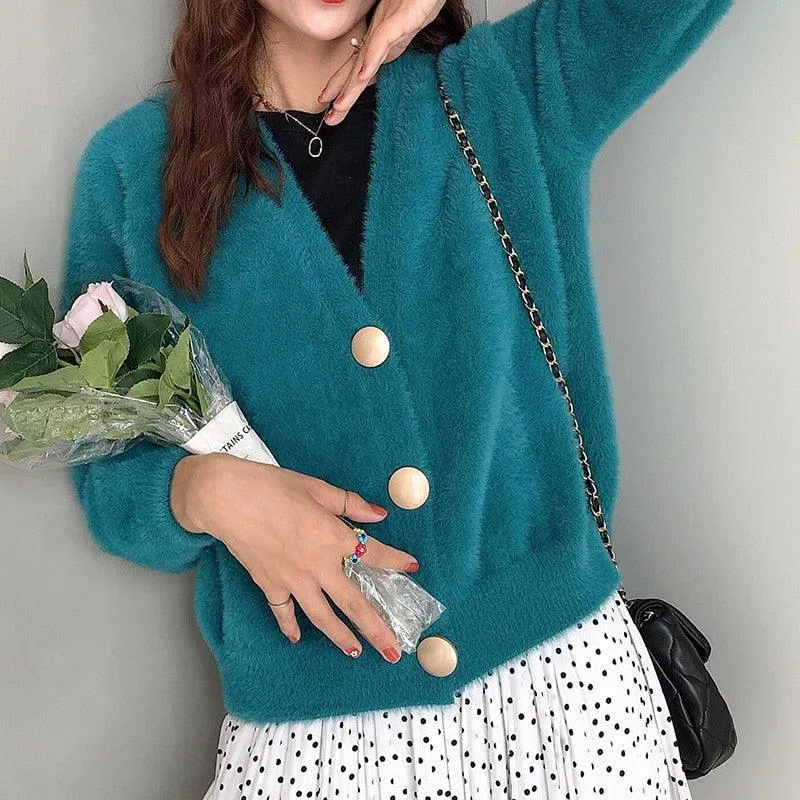 Wonderful Gold Button Women's Sweater Cardigan - Autumn Winter Short Knitted Loose Cardigan (D20)(TP4)(TB8C)