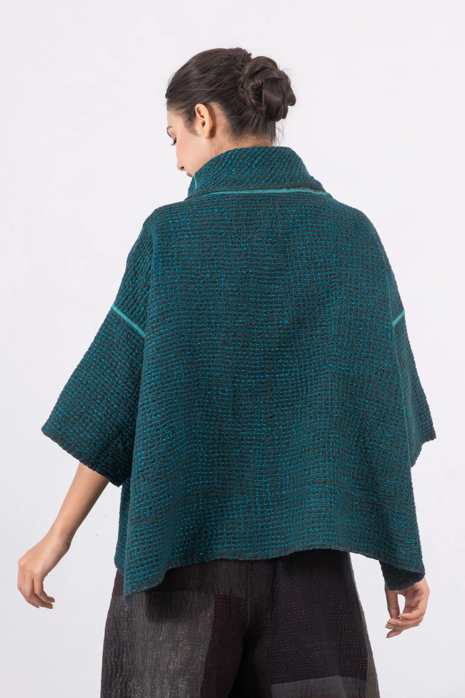 WOOL WAFFLE KANTHA COWL NECK PONCHO - ww3061-tel -